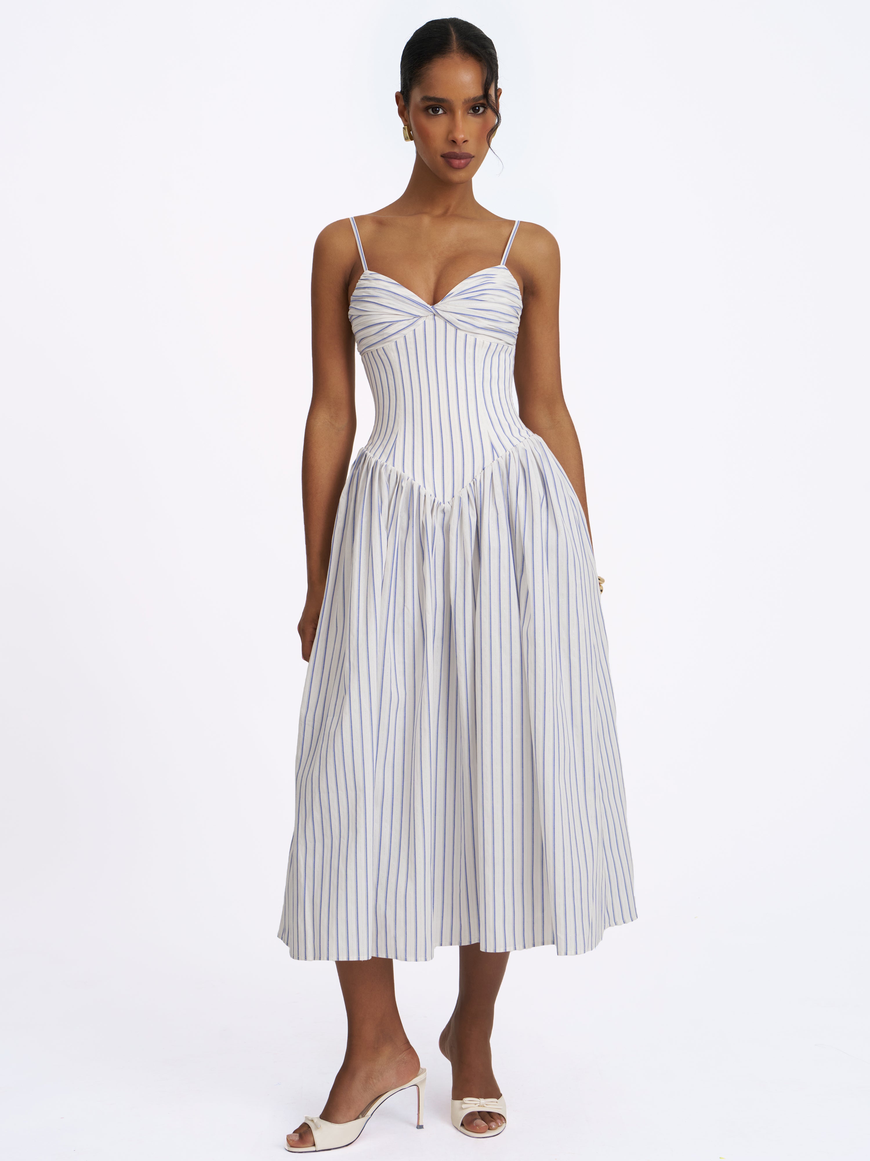 Olea Sky Blue Striped Cotton Poplin Ruched Midi Dress Olea Sky Blue Striped Cotton Poplin Ruched Midi Dress