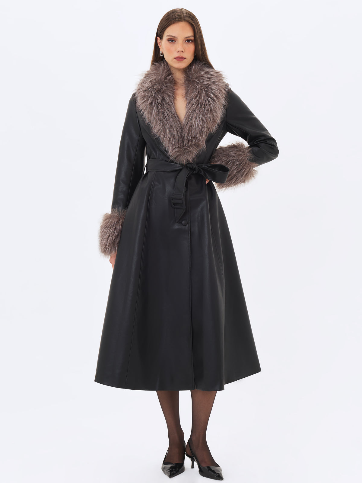 Nico Black Faux Leather Fur-Trimmed Belted A-Line Midi Coat