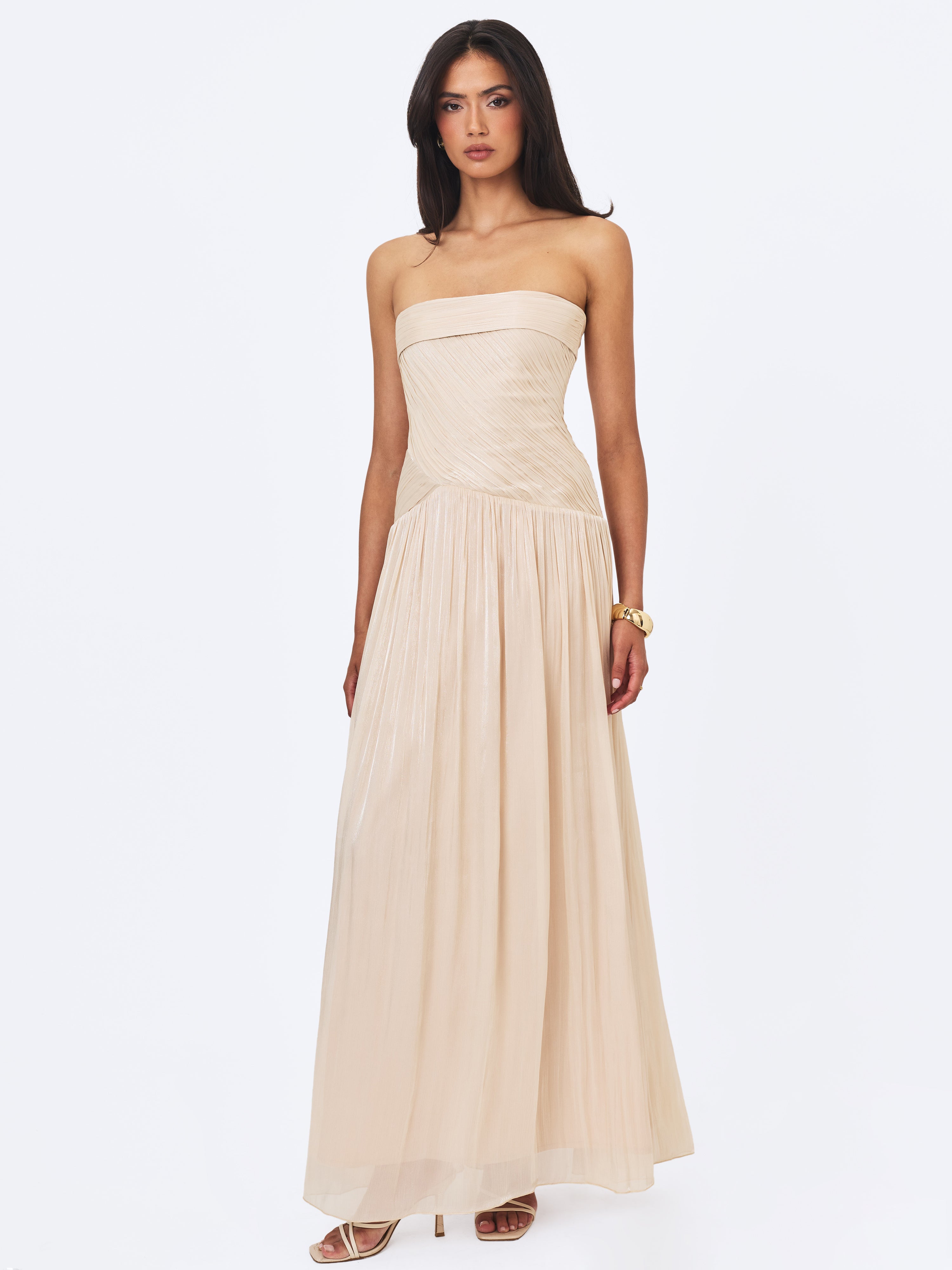 Olivine Light Beige Crystal Organza Strapless Maxi Dress