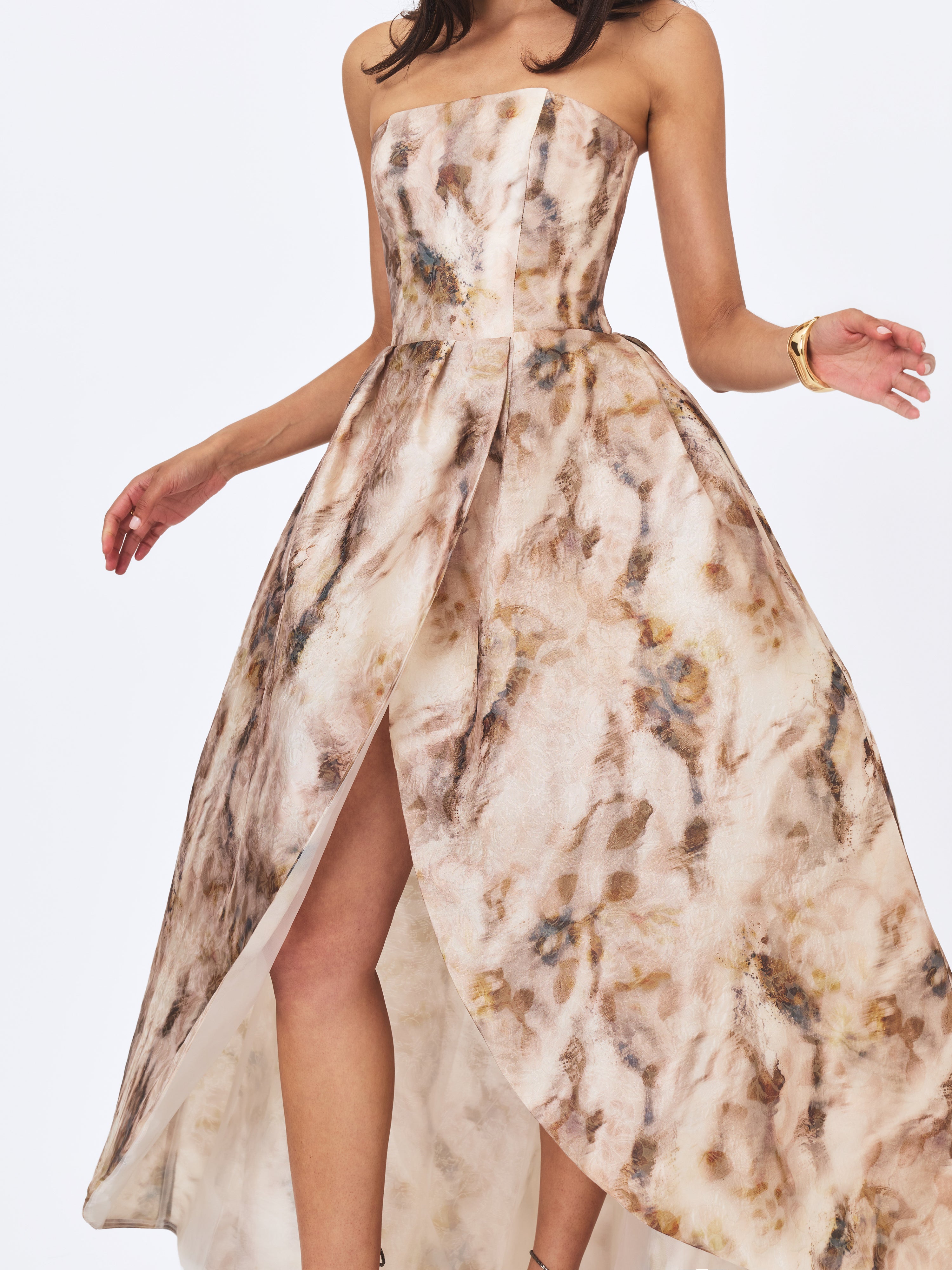 Micaela Camel Watercolor Jacquard Chiffon Dipped Hem Gown