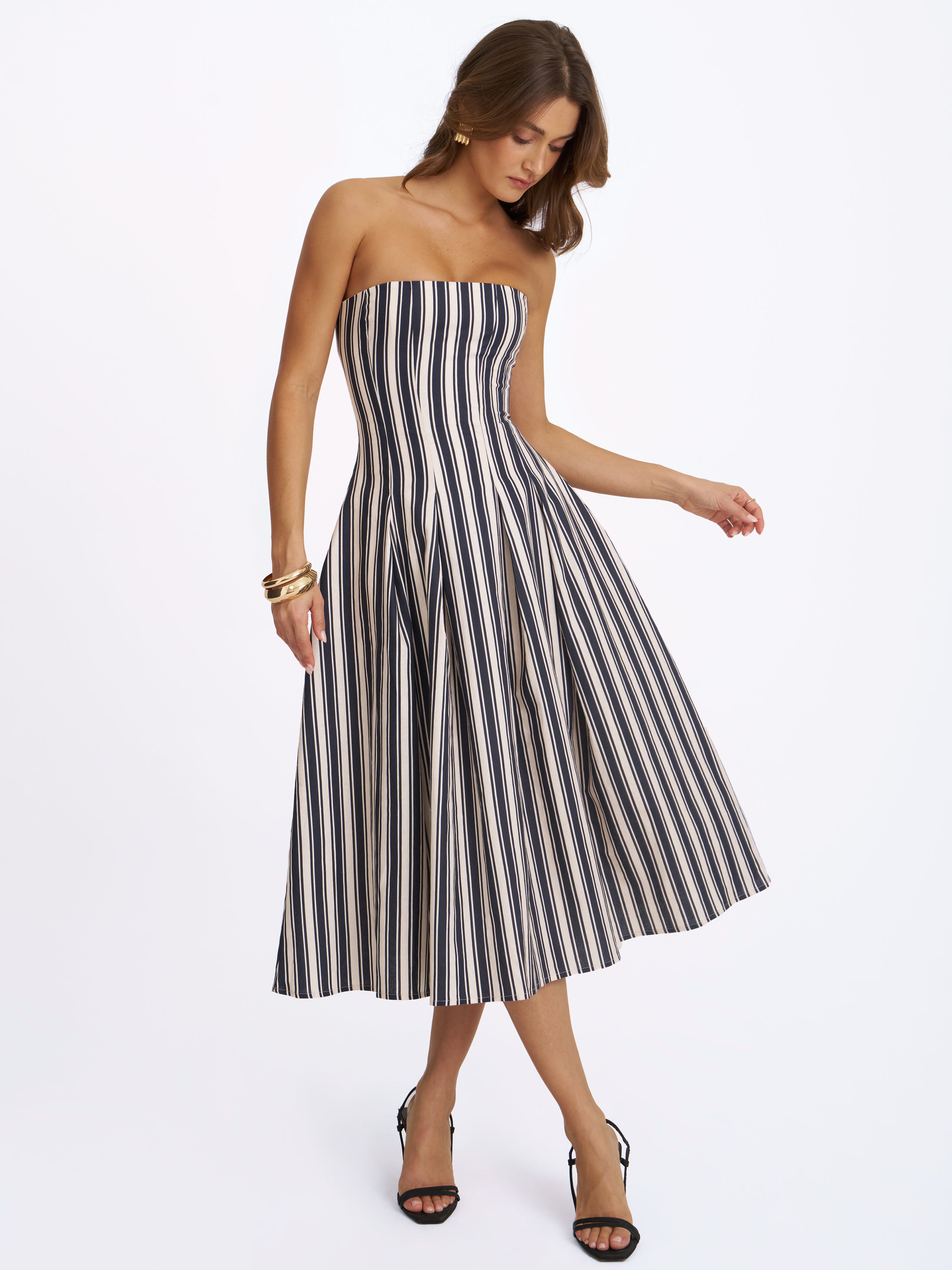 Wyanne Black & White Linen Striped Strapless Midi Dress