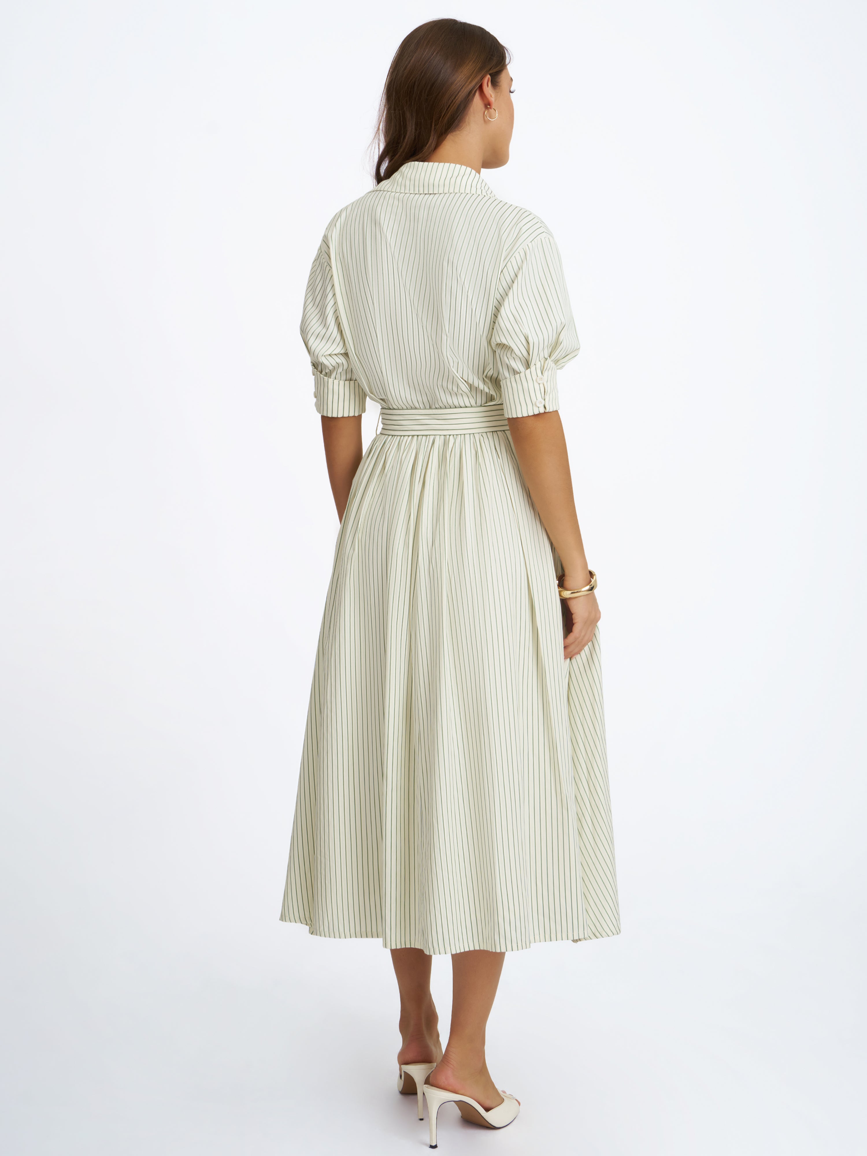 Danica Pine Green Bamboo Poplin Striped Shirt Midi Dress