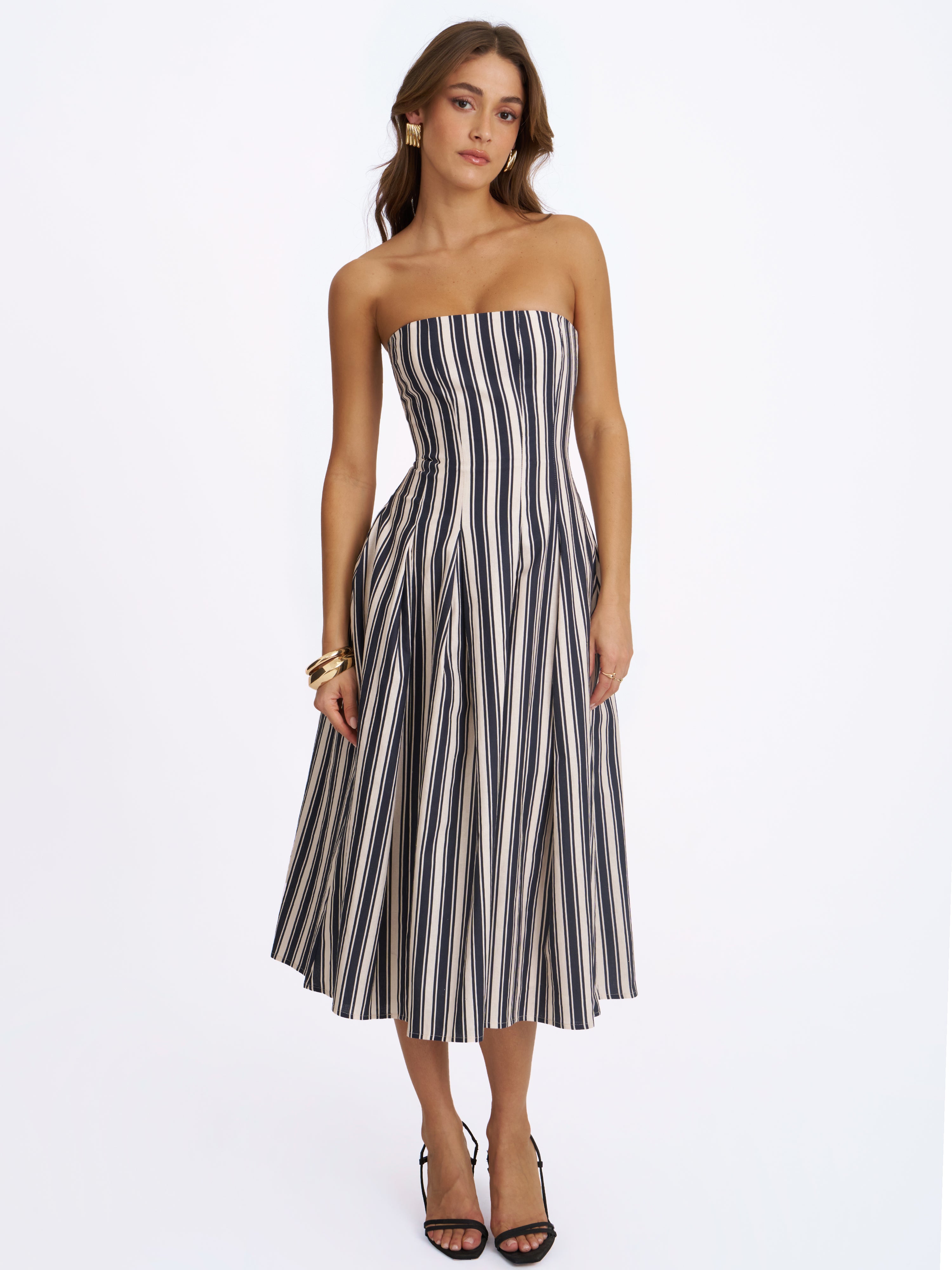 Wyanne Black & White Linen Striped Strapless Midi Dress
