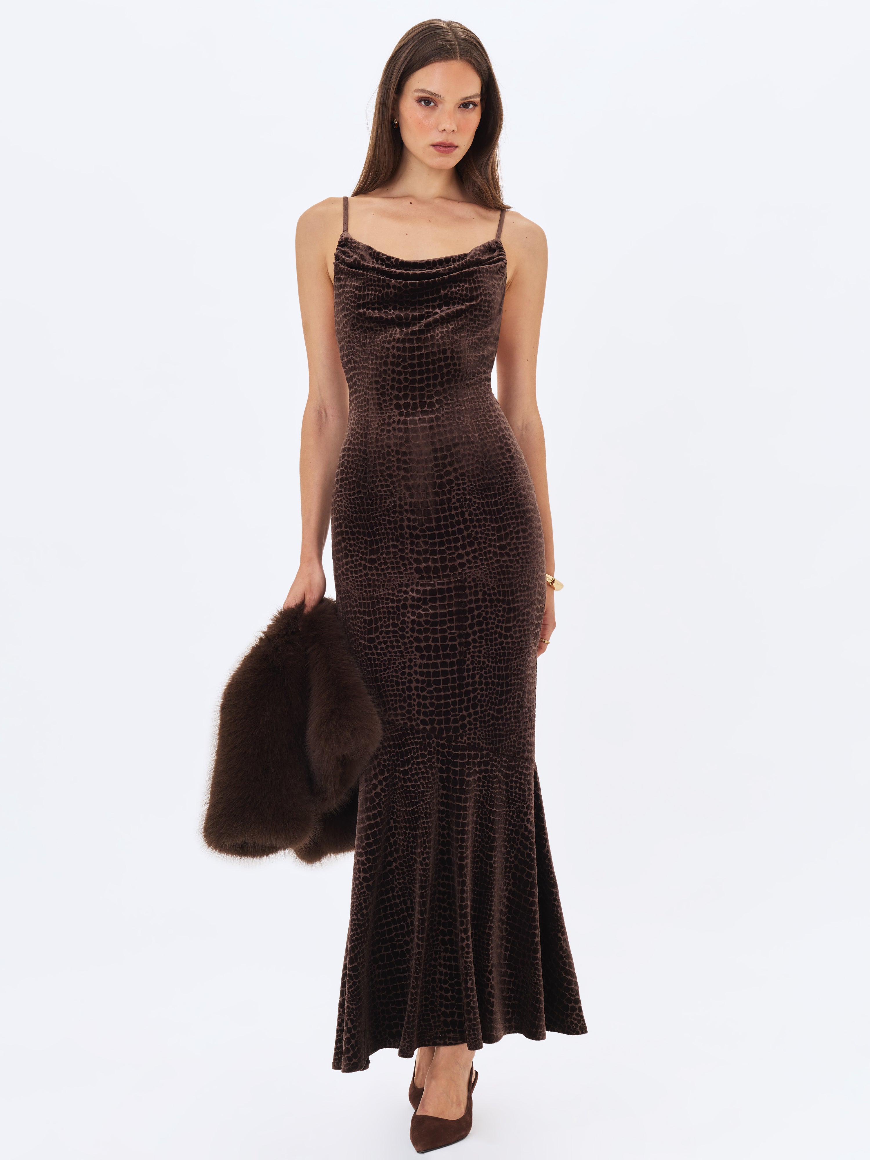 Veronique Brown Croc-Embossed Velvet Cowl Neck Mermaid Maxi Dress