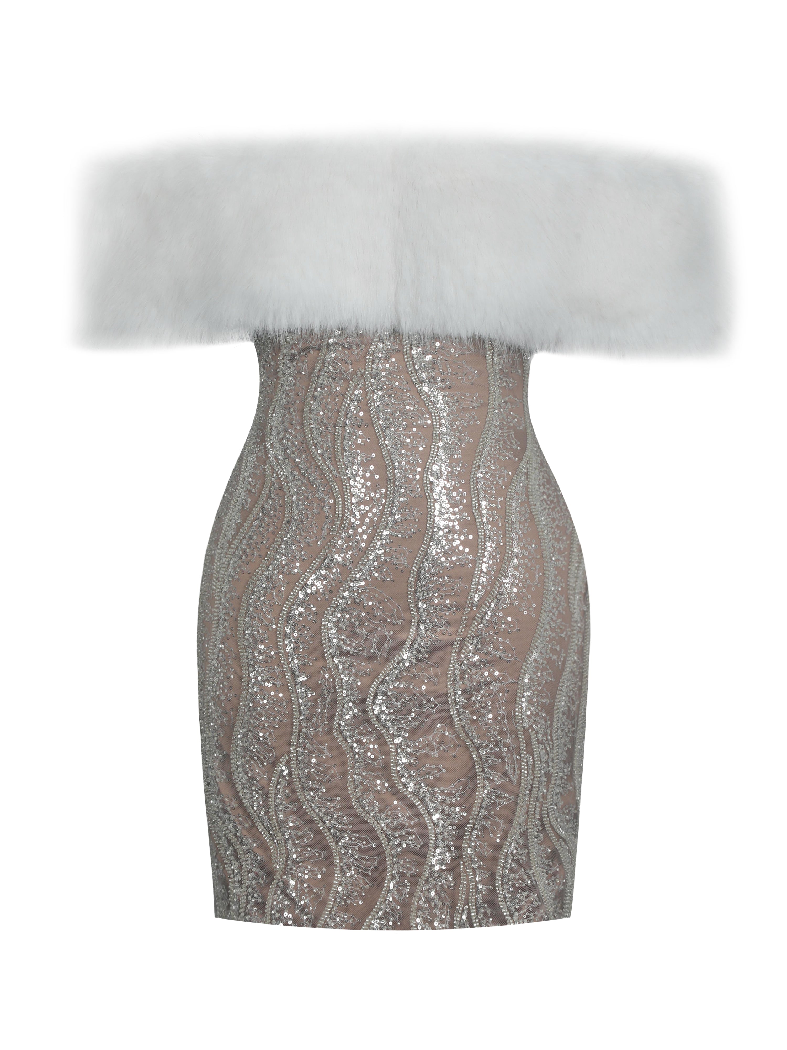Averie White Fur Off-Shoulder Beige Sequin Mini Dress