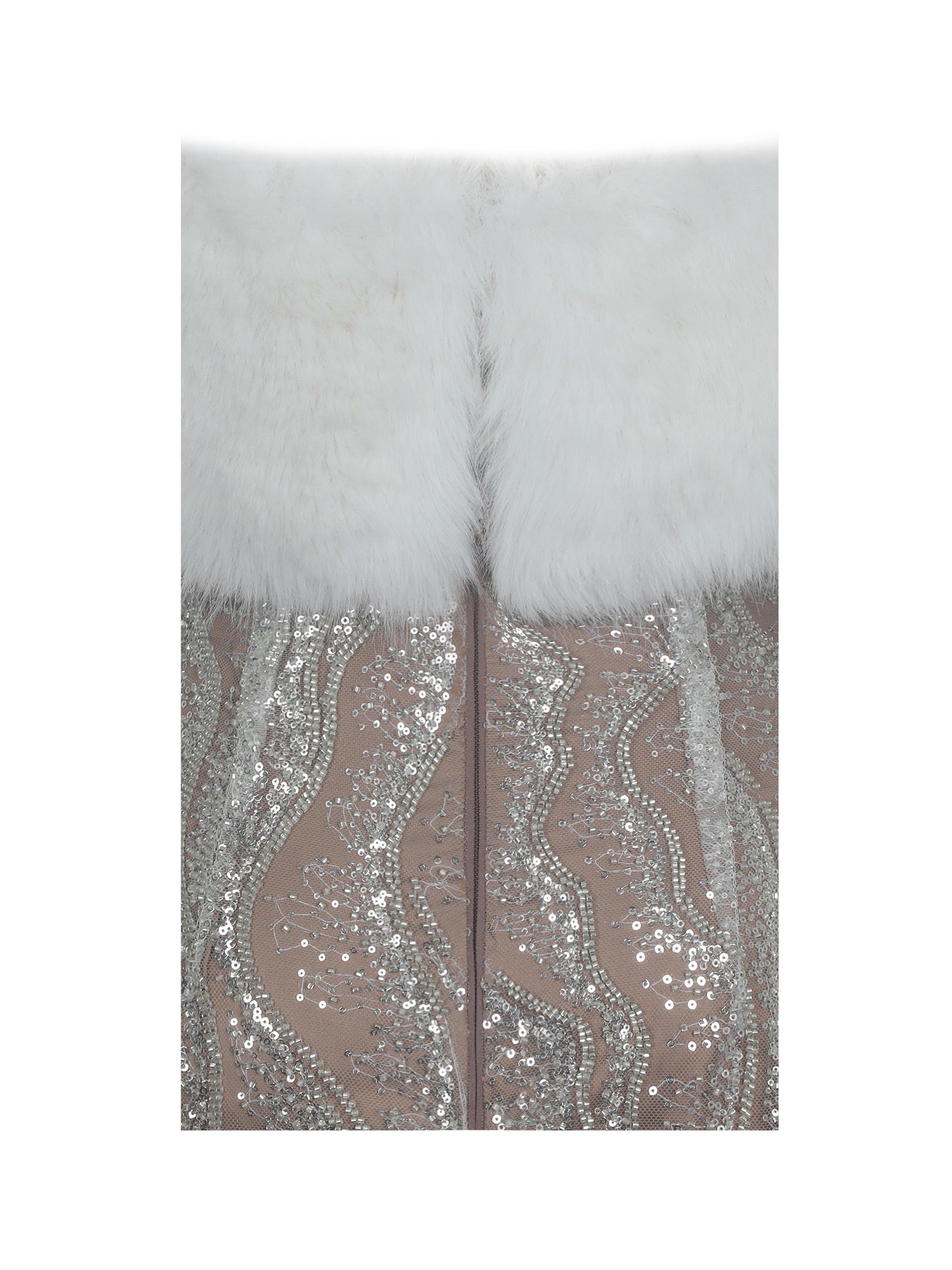 Averie White Fur Off-Shoulder Beige Sequin Mini Dress