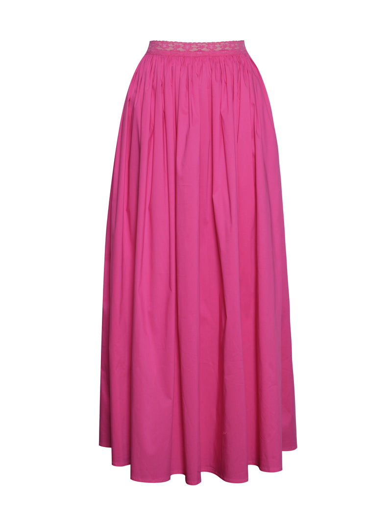 Martha Fuchsia Cotton Poplin Maxi Skirt with Lace Trim