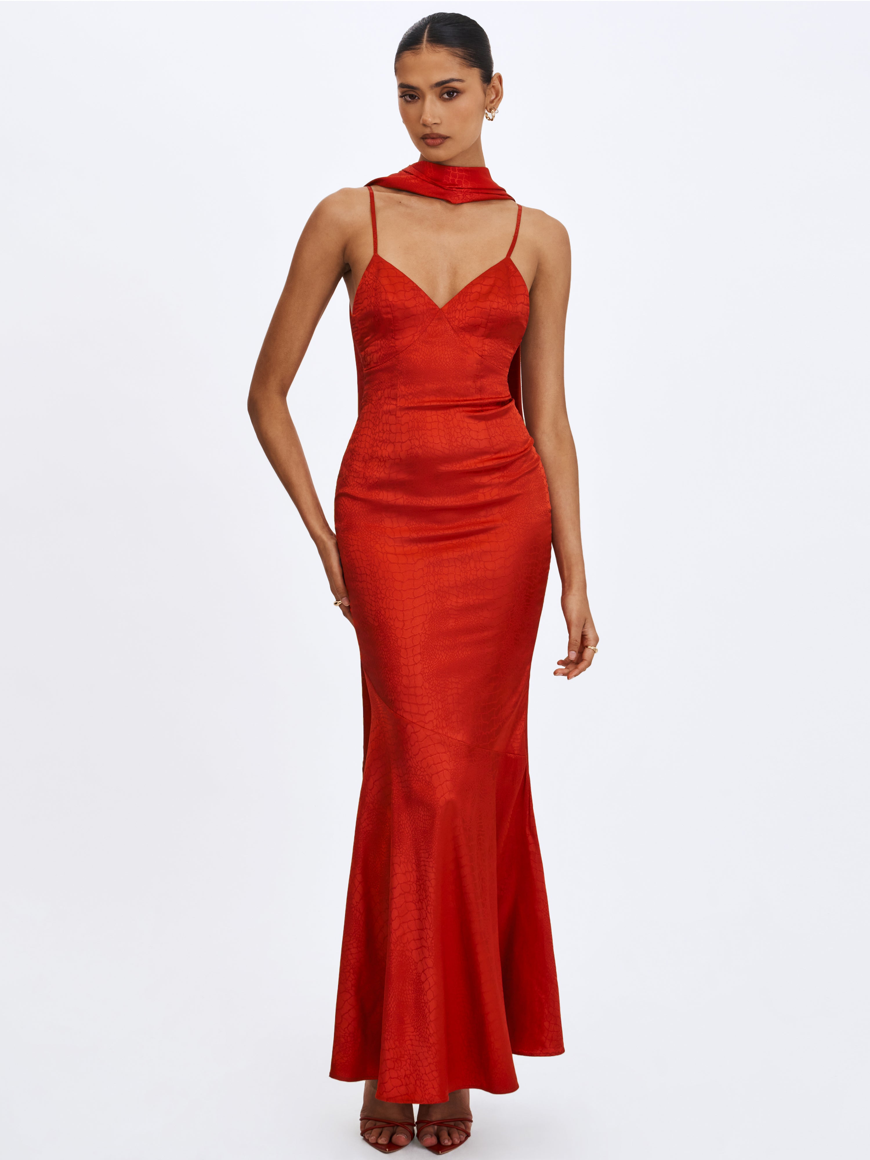Kelsey Scarlet Croc-Embossed Flared Hem Maxi Dress with Scarf