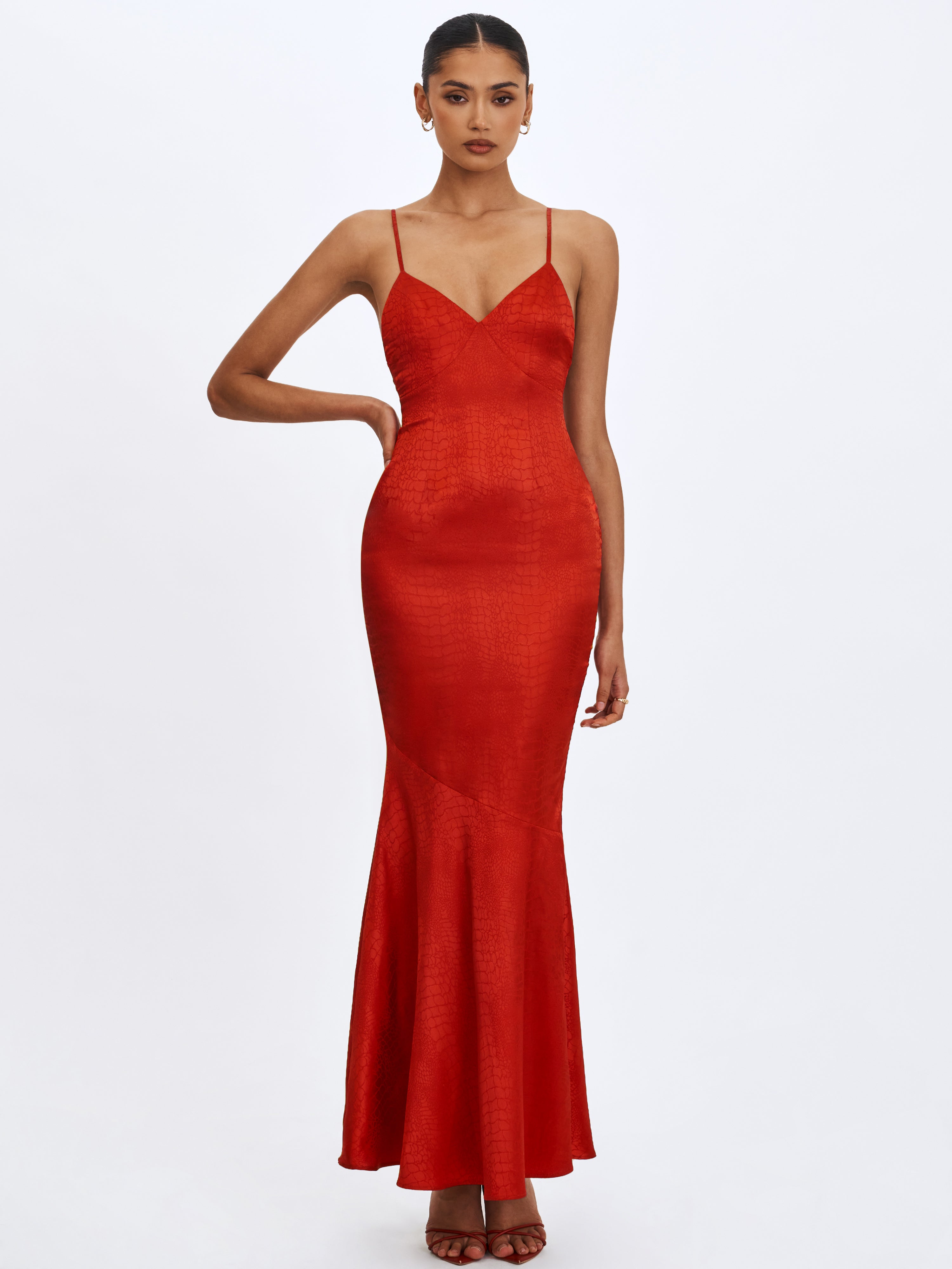 Kelsey Scarlet Croc-Embossed Flared Hem Maxi Dress with Scarf