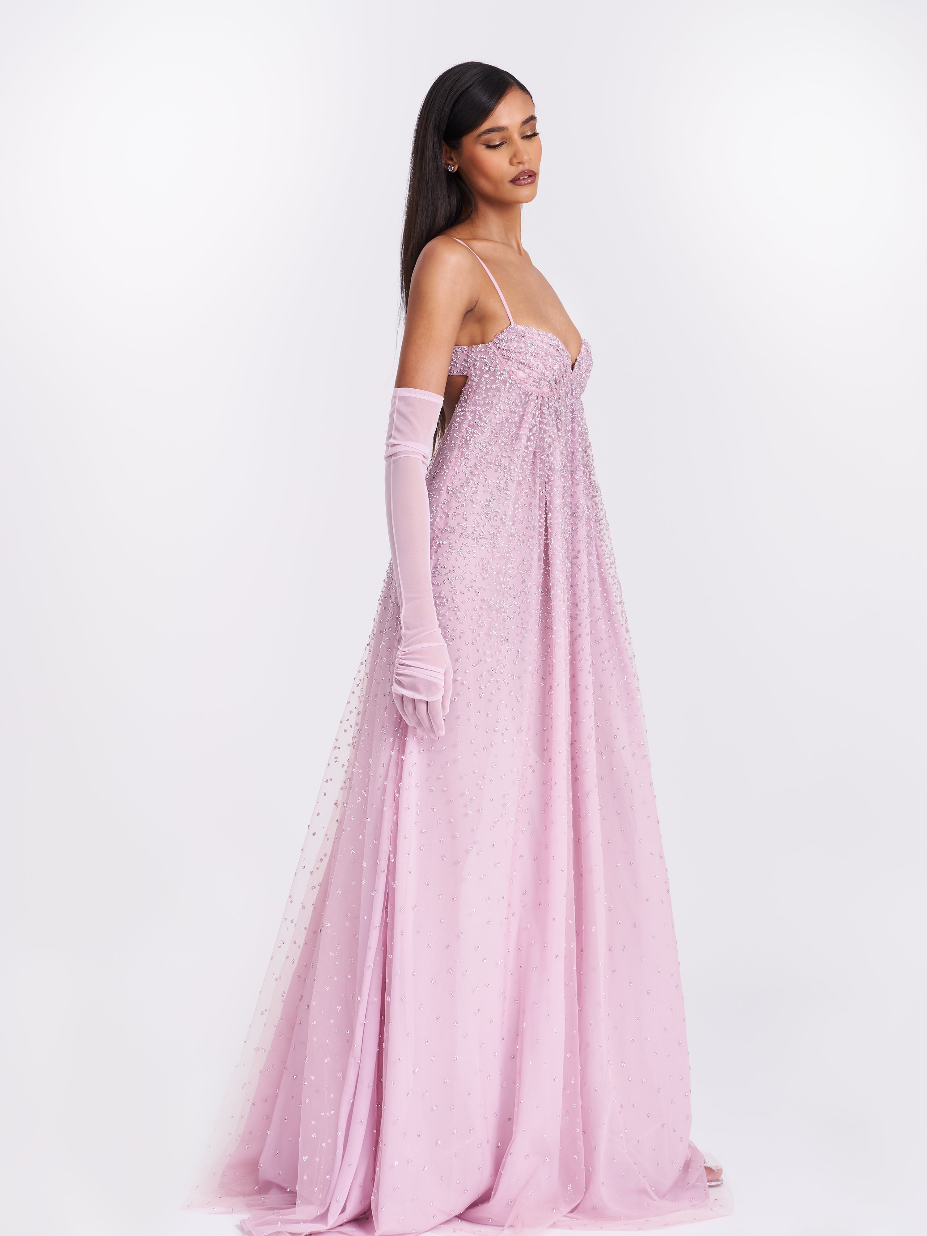 Wallie Pink Rhinestone Embellished Mesh Backless Gown