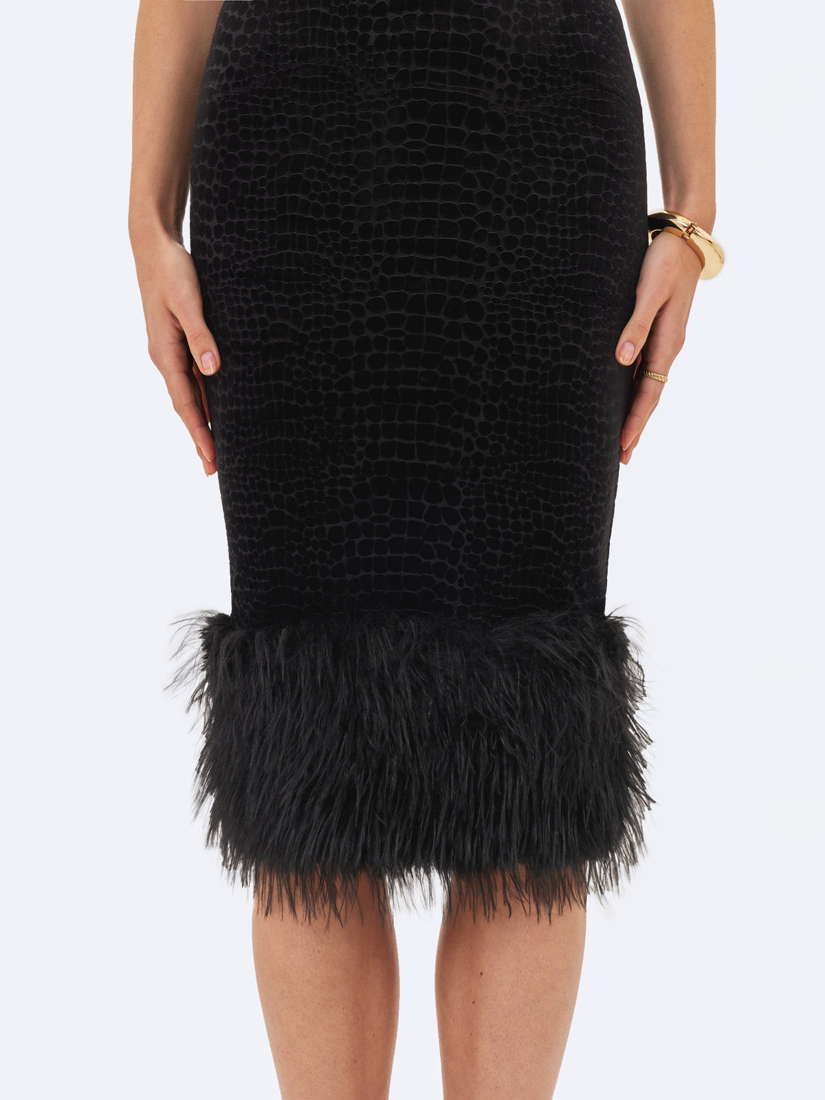 Onalee Black Croc-Embossed Velvet Fur Midi Dress