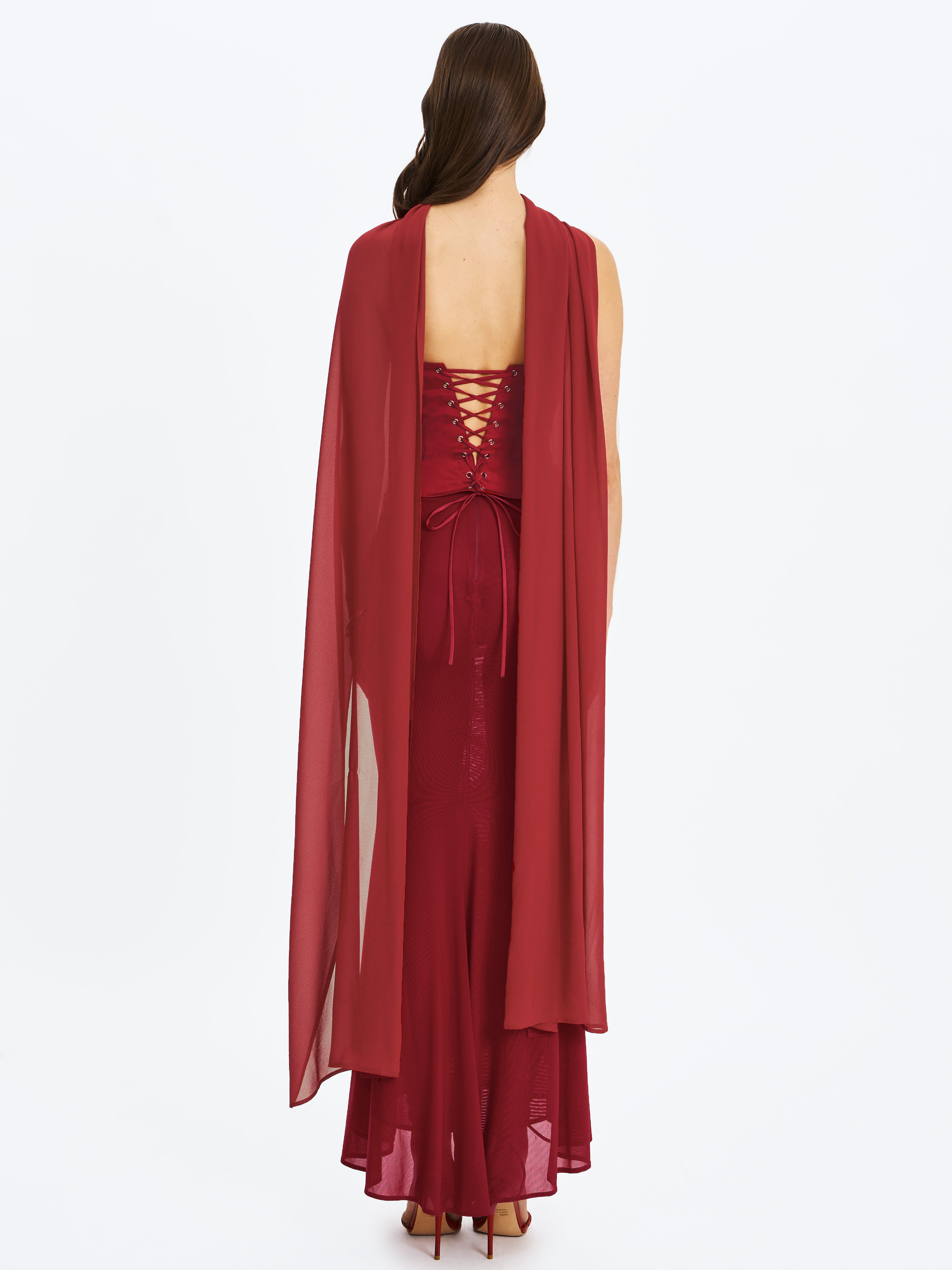 Giselle Crimson Peplum Mermaid Gown with Chiffon Scarf