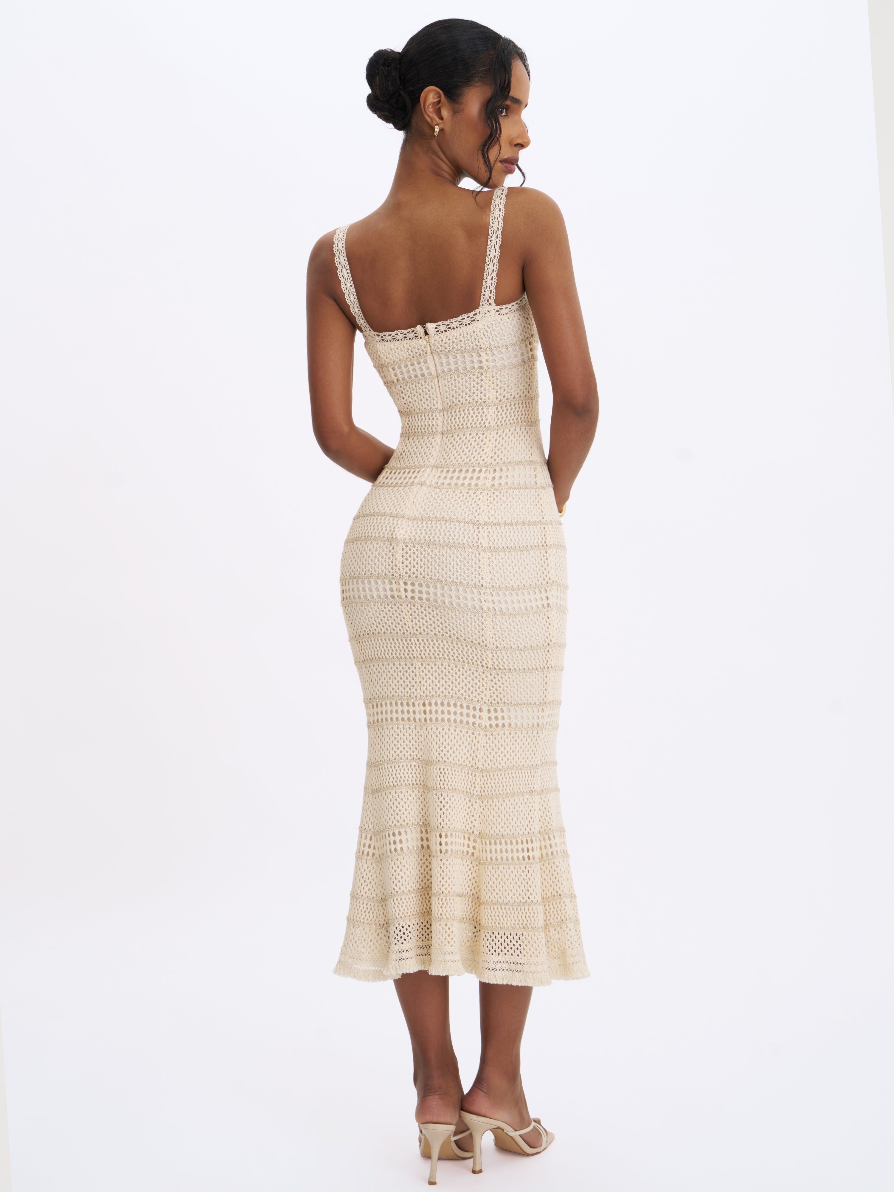 Xiomara Beige & Gold Stripe Crochet Knit Mermaid Midi Dress