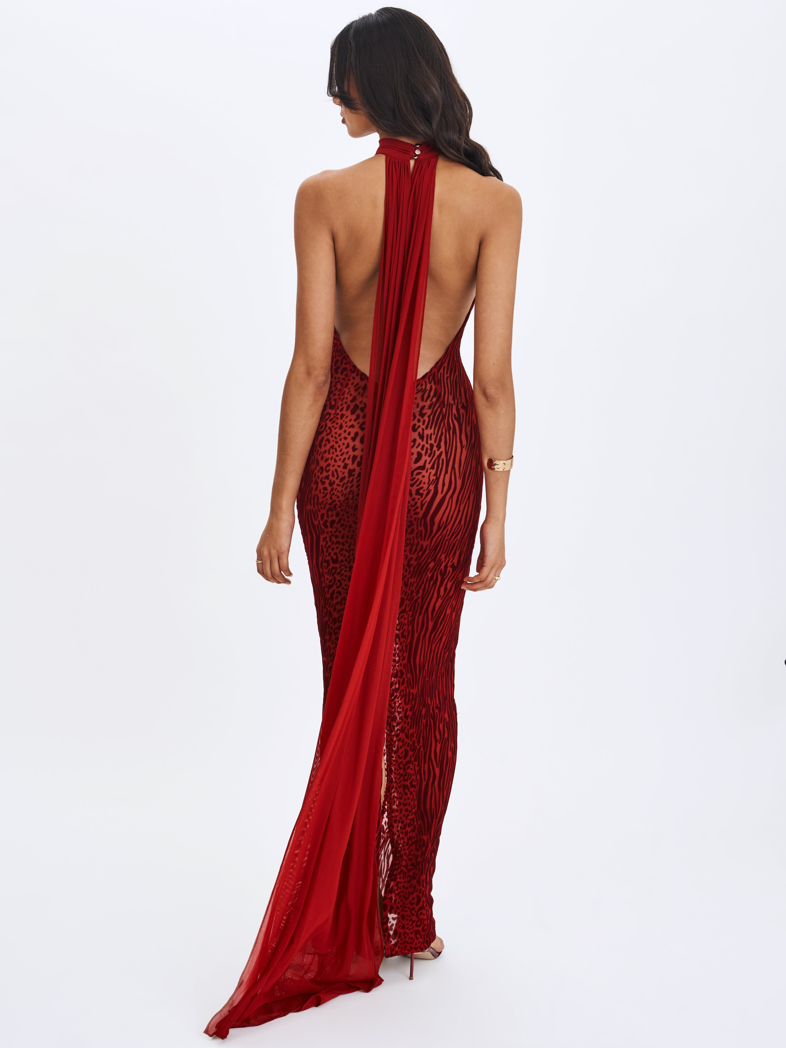 Cerise Scarlet Burnout Velvet Multiwear Mesh Ribbon Maxi Dress