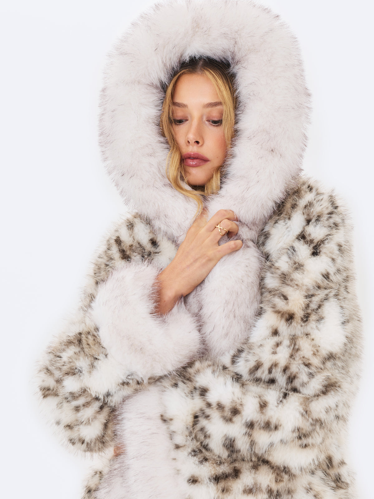 Kali Snow Leopard Faux Fur Hooded Mini Coat