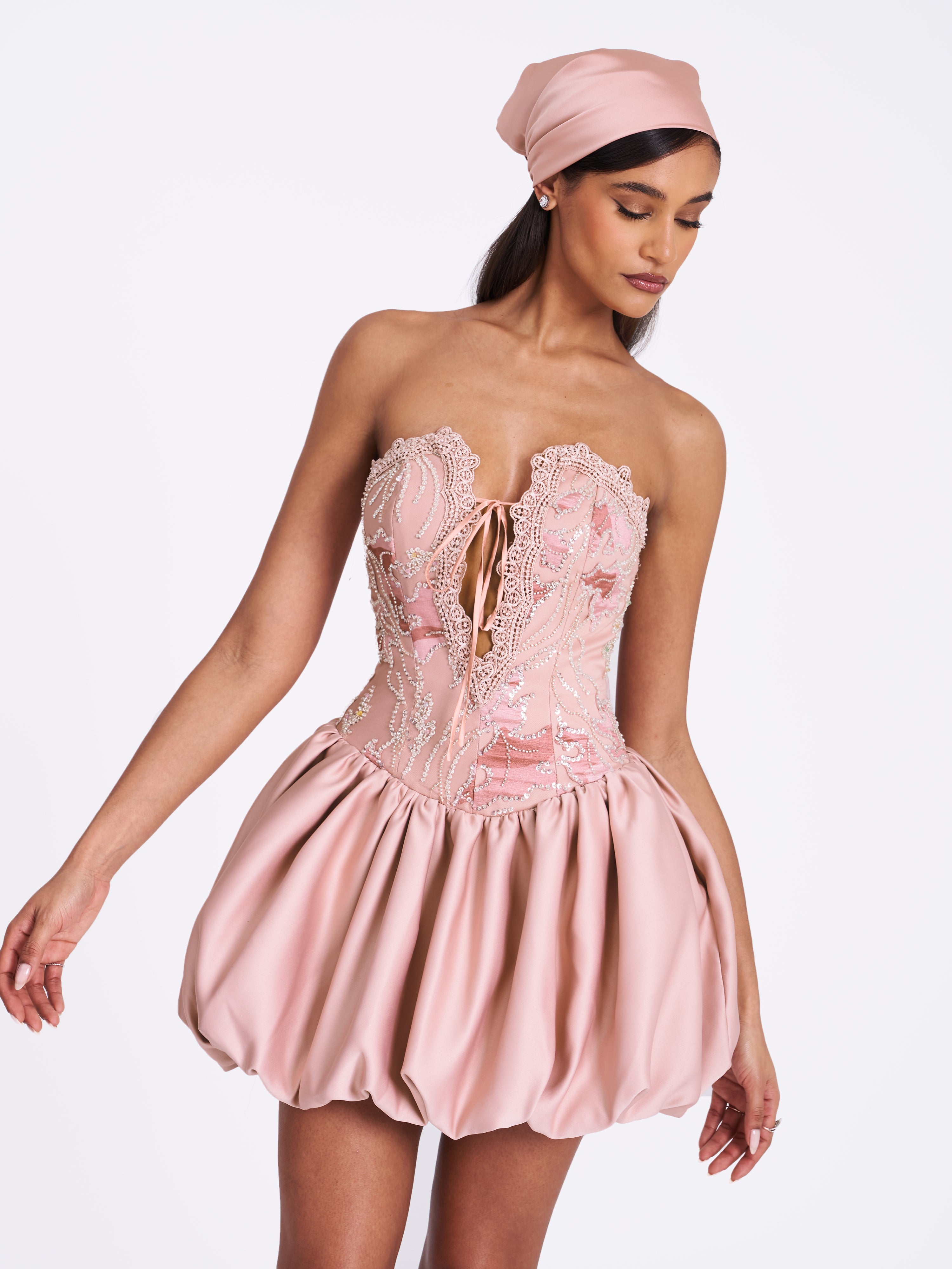 Palesa Pink Ballet Style Embroidered Bubble Hem Mini Dress