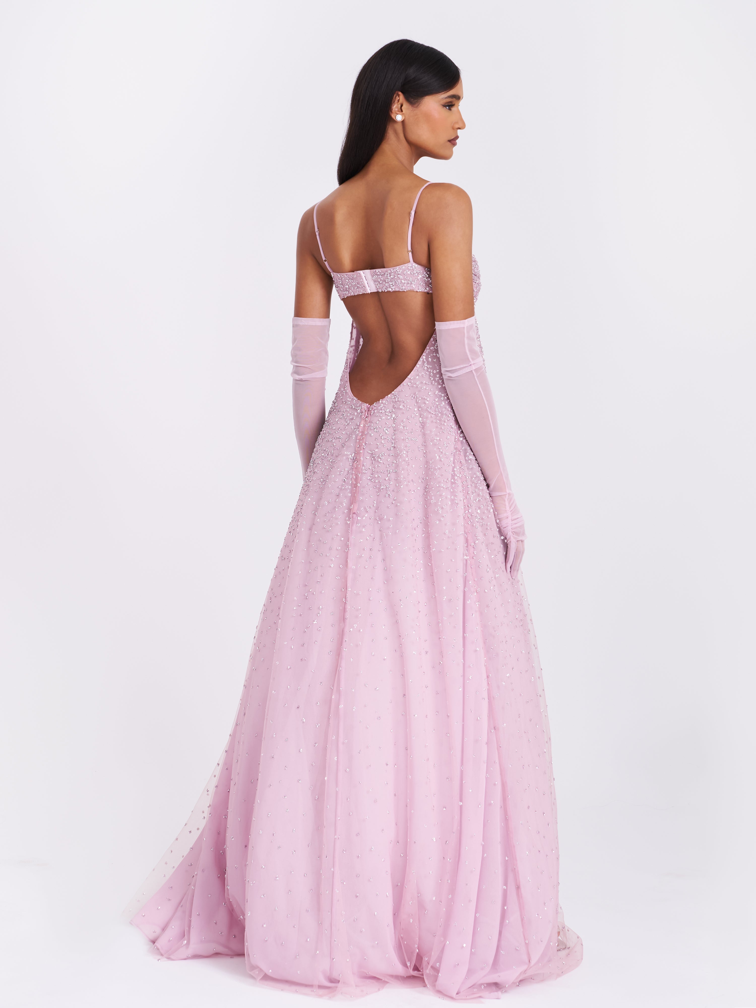 Wallie Pink Rhinestone Embellished Mesh Backless Gown