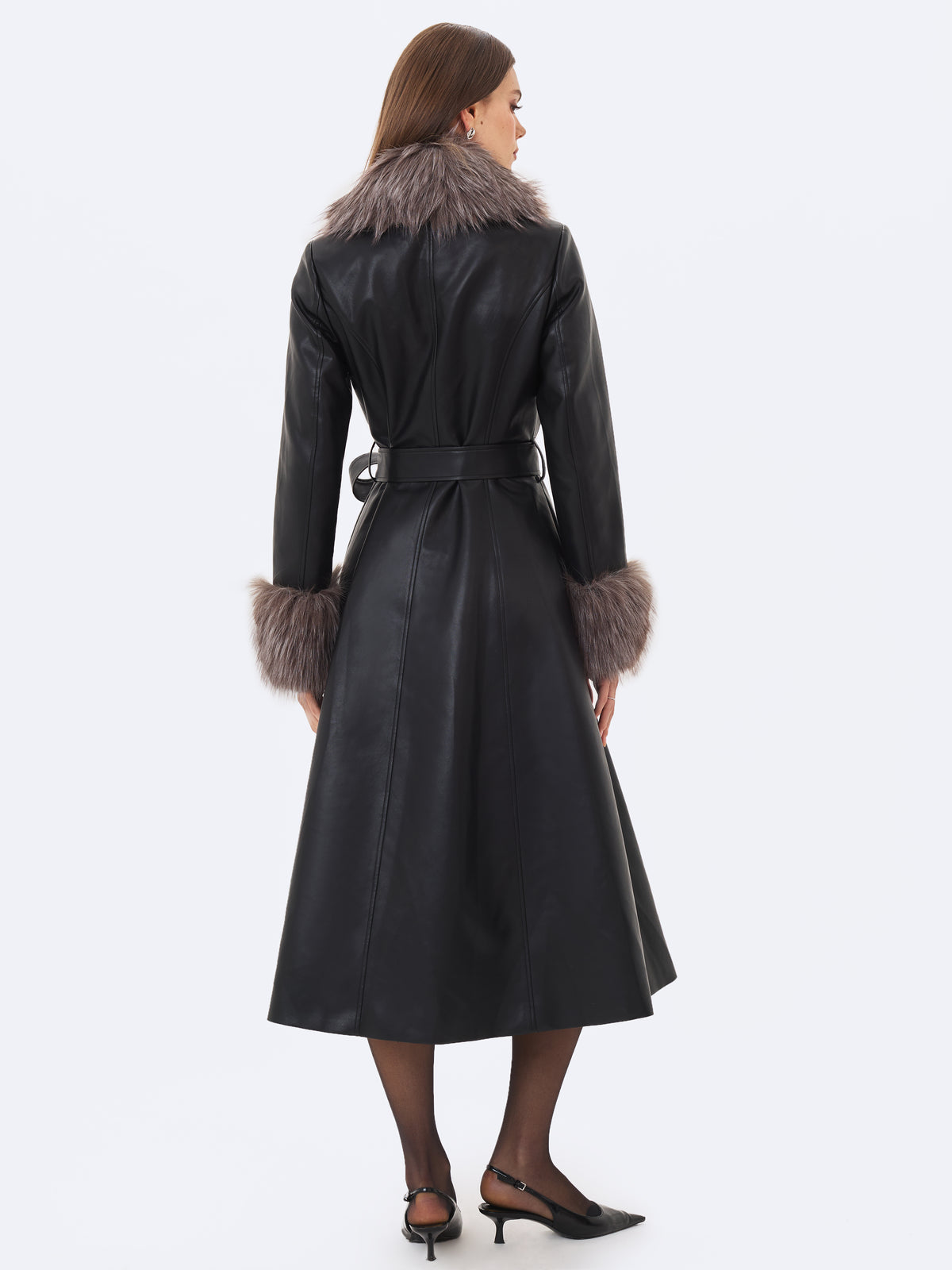 Nico Black Faux Leather Fur-Trimmed Belted A-Line Midi Coat