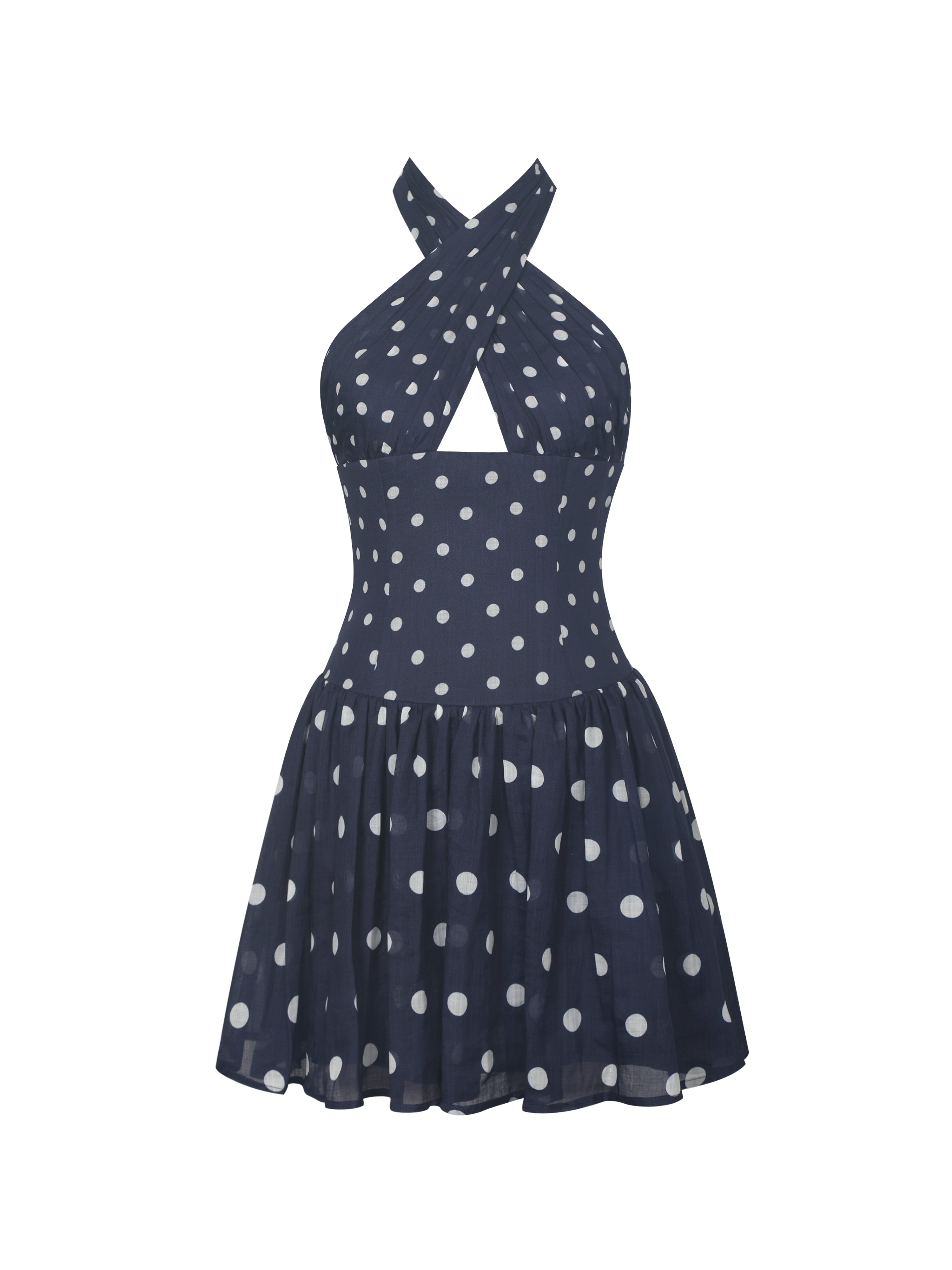 Yamina Navy Polka Dot Ramie Crossover Halter Gathered Mini Dress