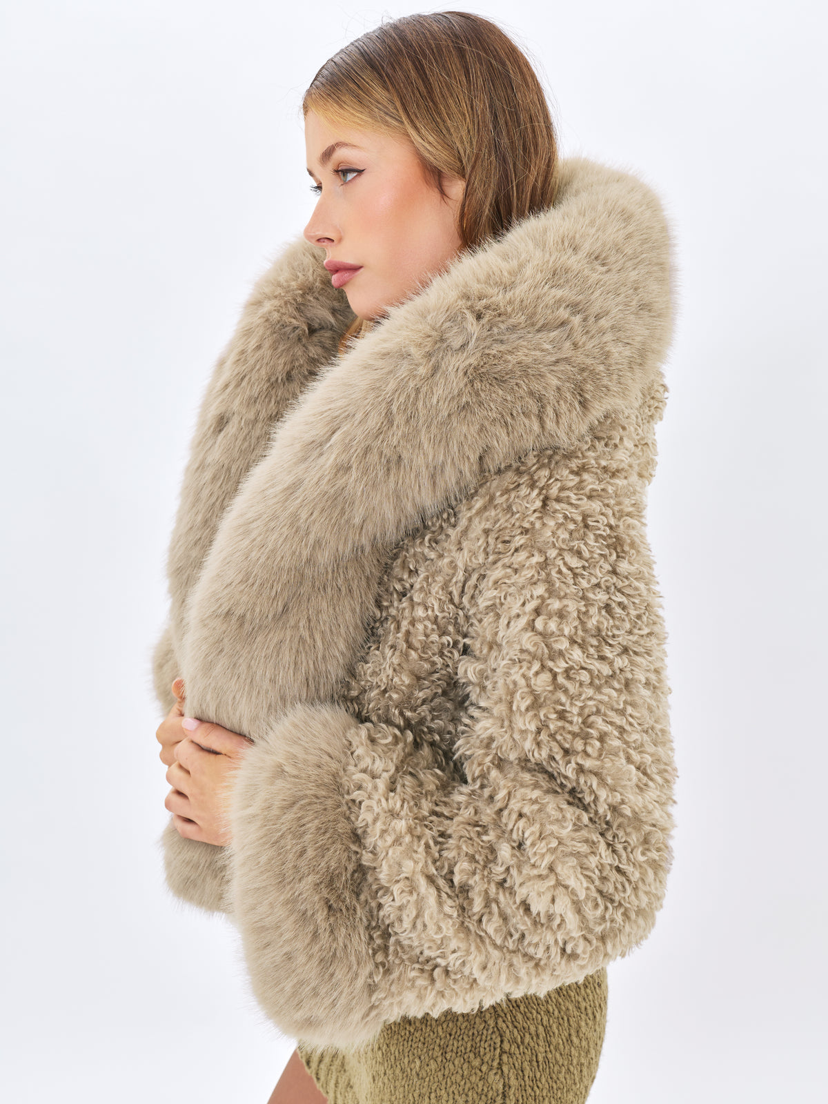 Kali Khaki Cropped Vegan Shearling Fur Jacket