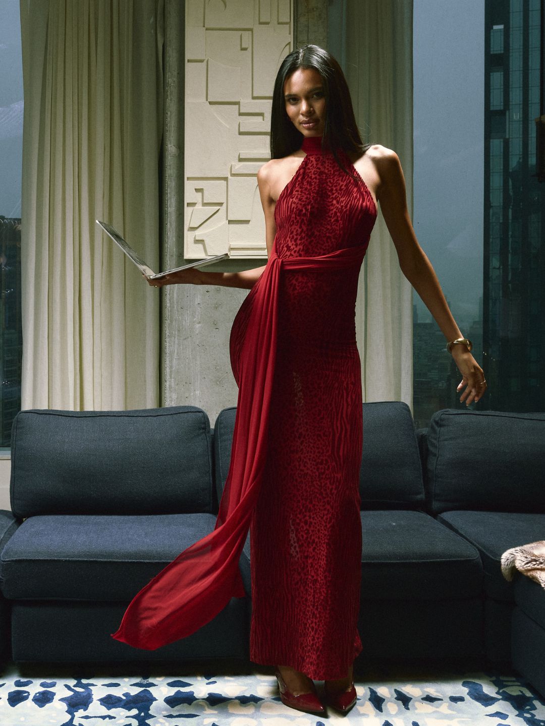 Cerise Scarlet Burnout Velvet Multiwear Mesh Ribbon Maxi Dress