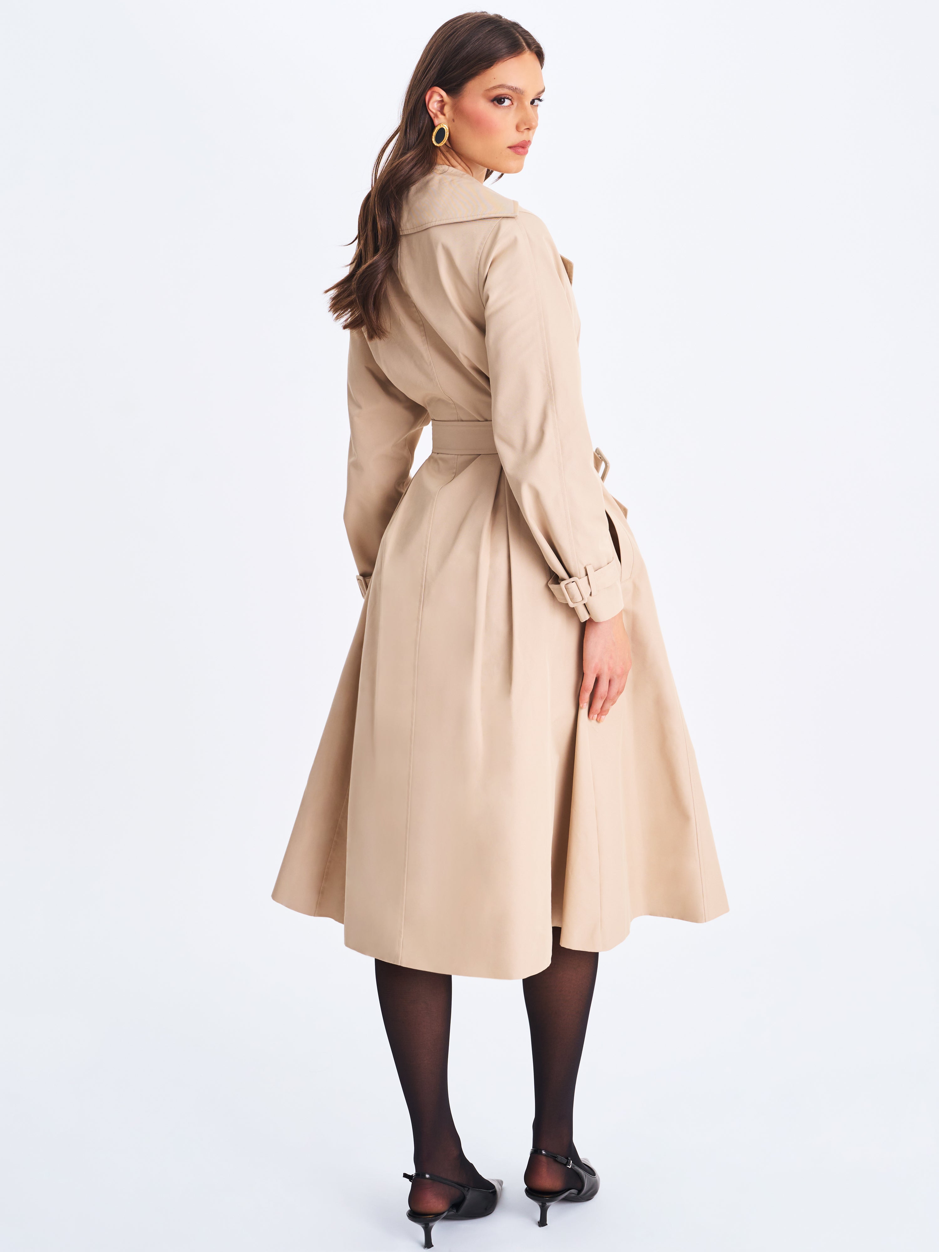 Ulila Beige Double-Breasted Pleated Cotton-Blend Trench Coat