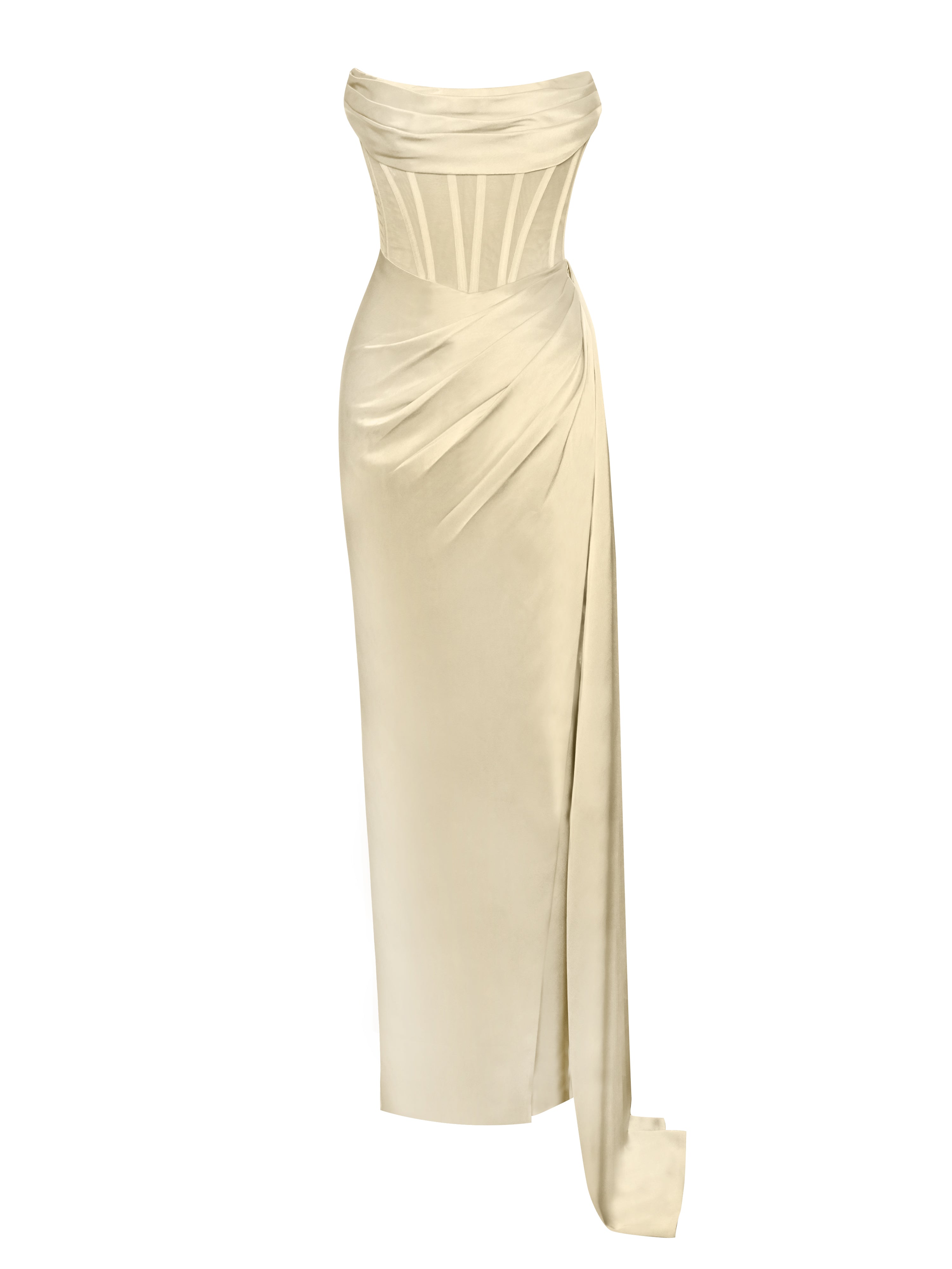 Prisa Egg White High Slit Satin Corset Gown