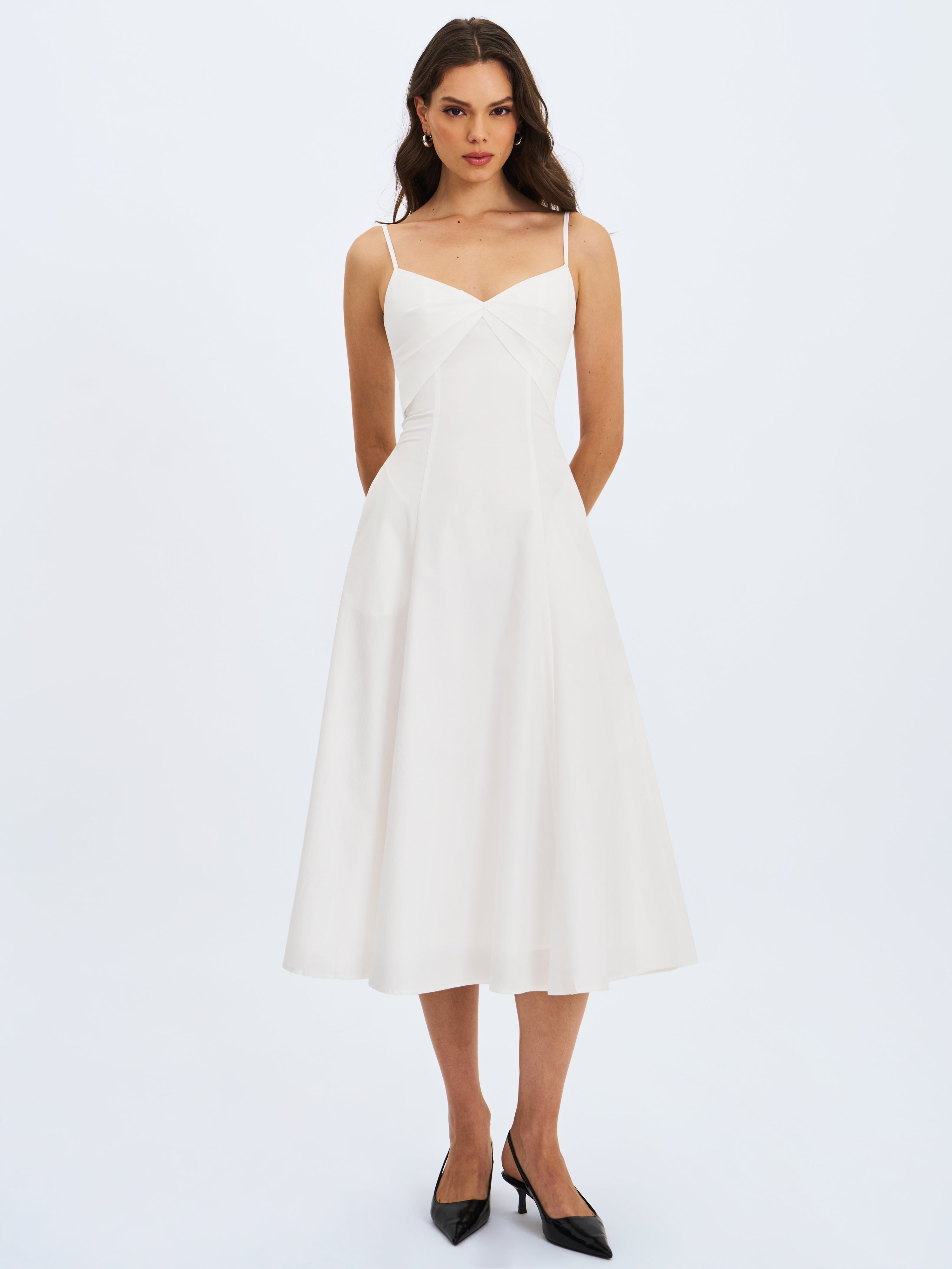 Corinne White Poplin Flared Maxi Dress with Removable Bow