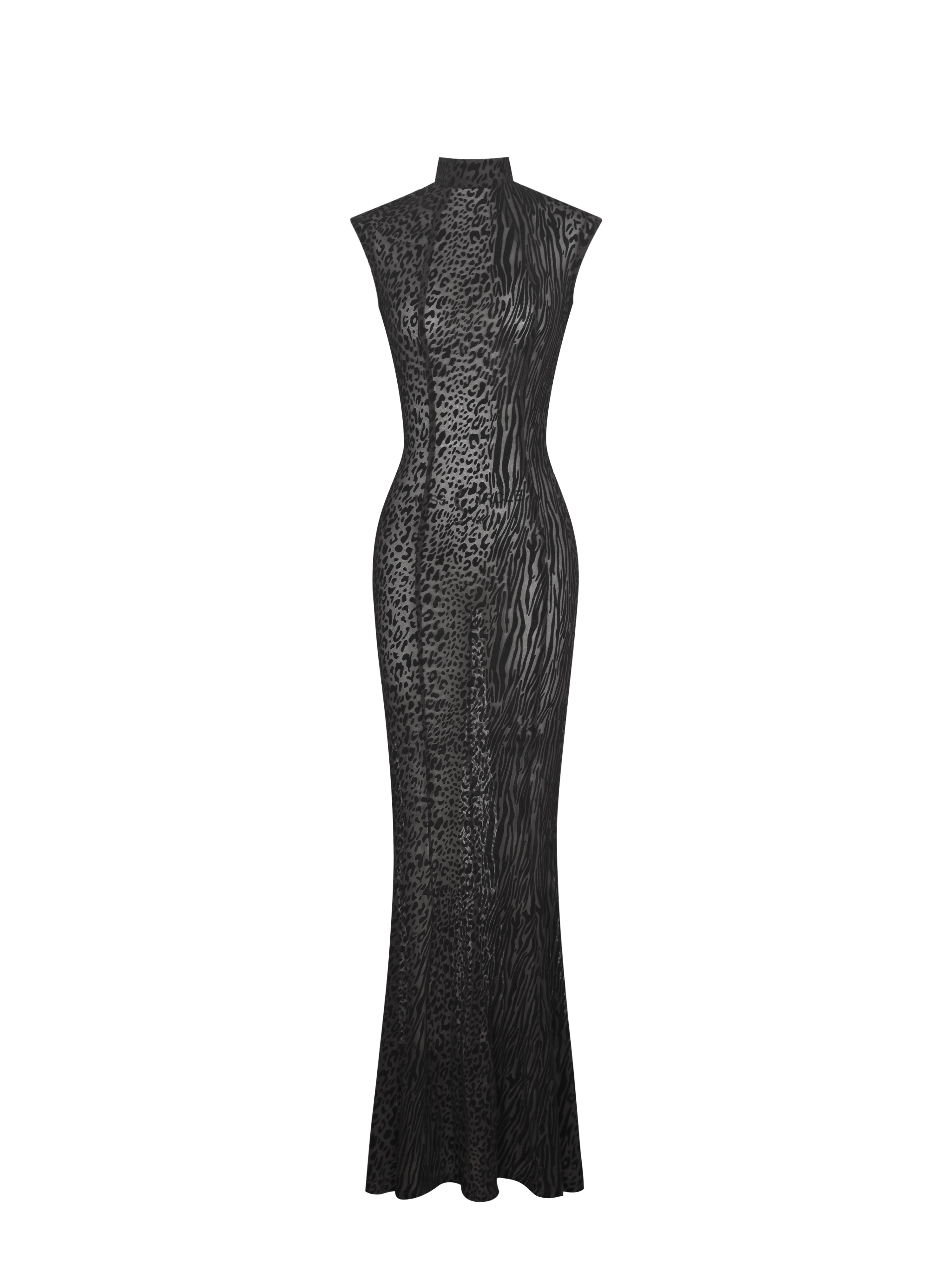 Tyanna Black Burnout Velvet Mesh Backless Mermaid Maxi Dress
