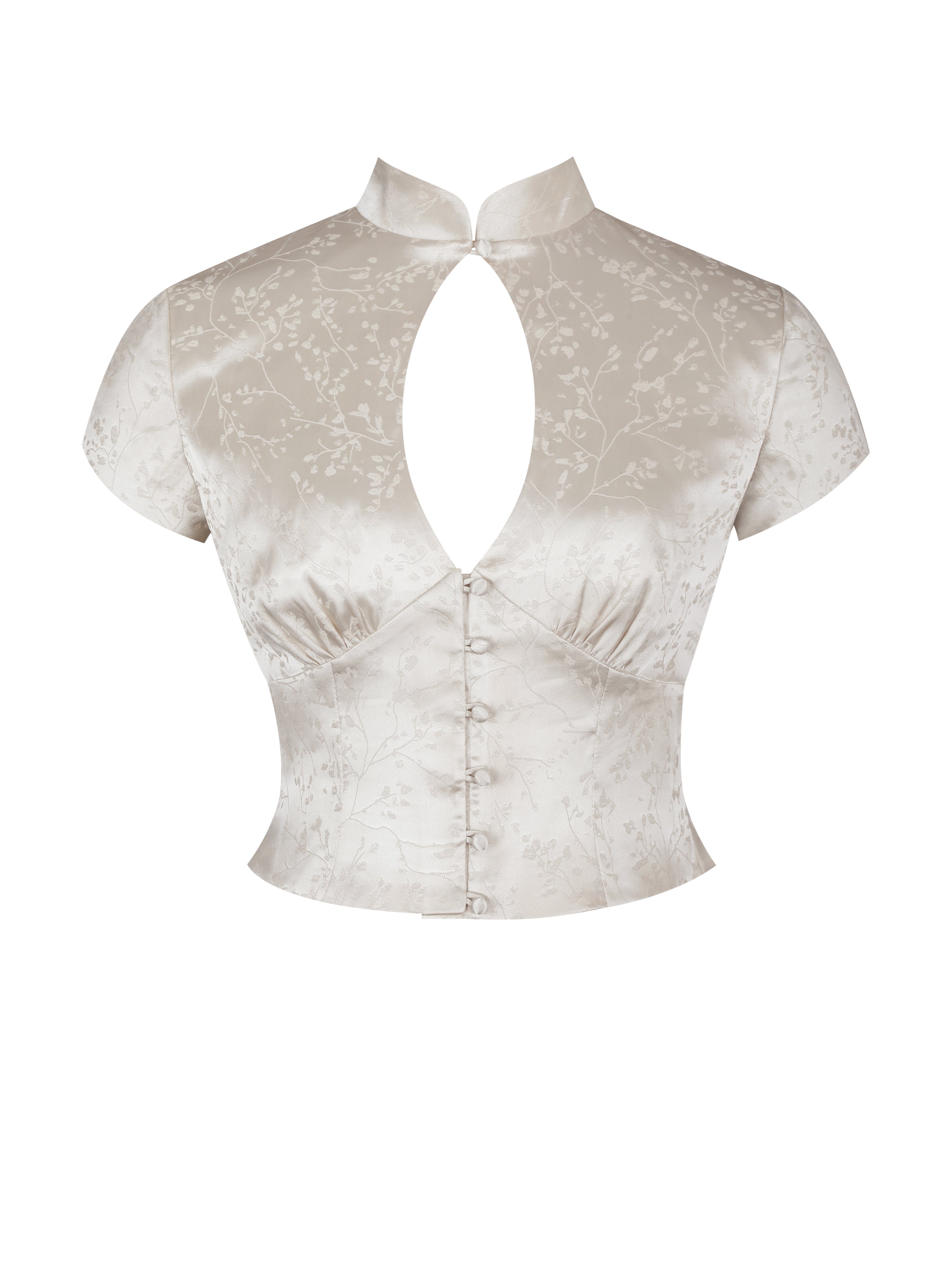 Galilea Ivory Floral Jacquard Keyhole Mandarin Collar Top