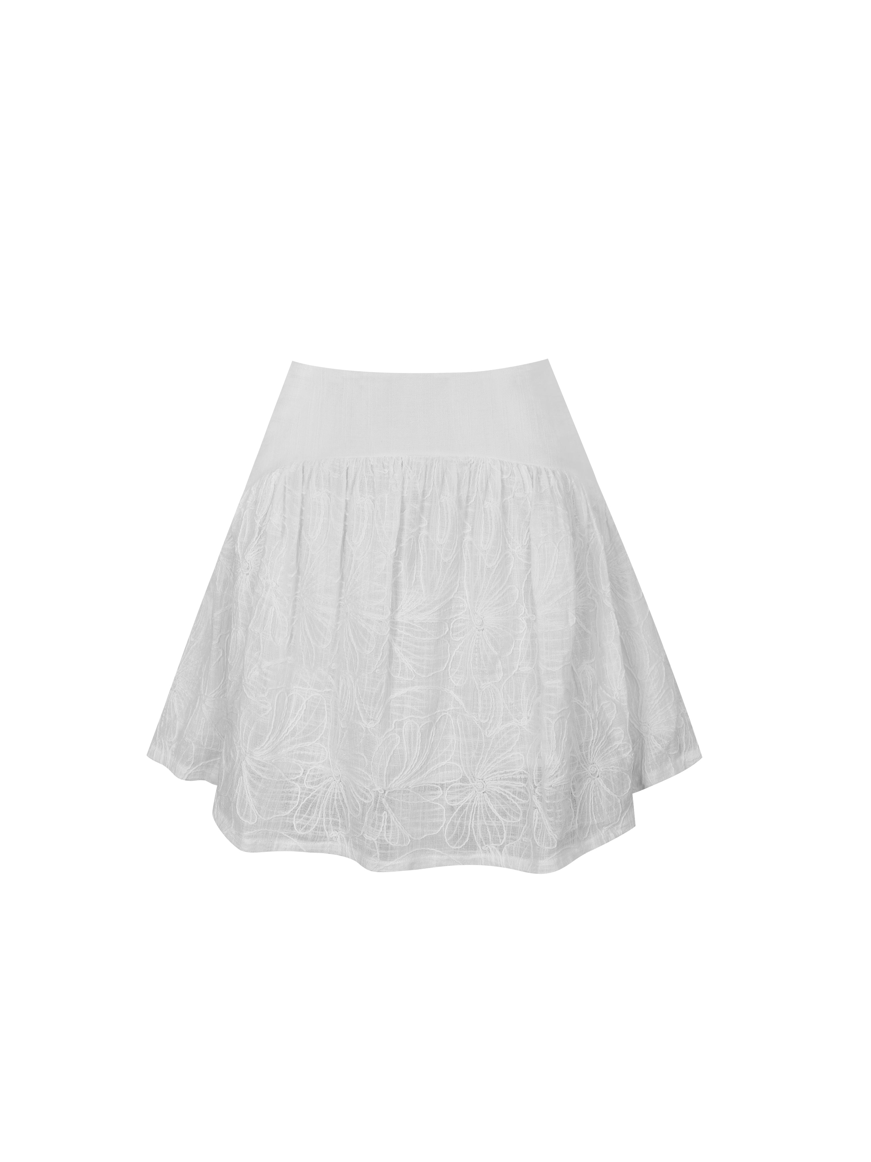 Quisha White Embroidered Cotton Gauze Gathered A-Line Mini Skirt
