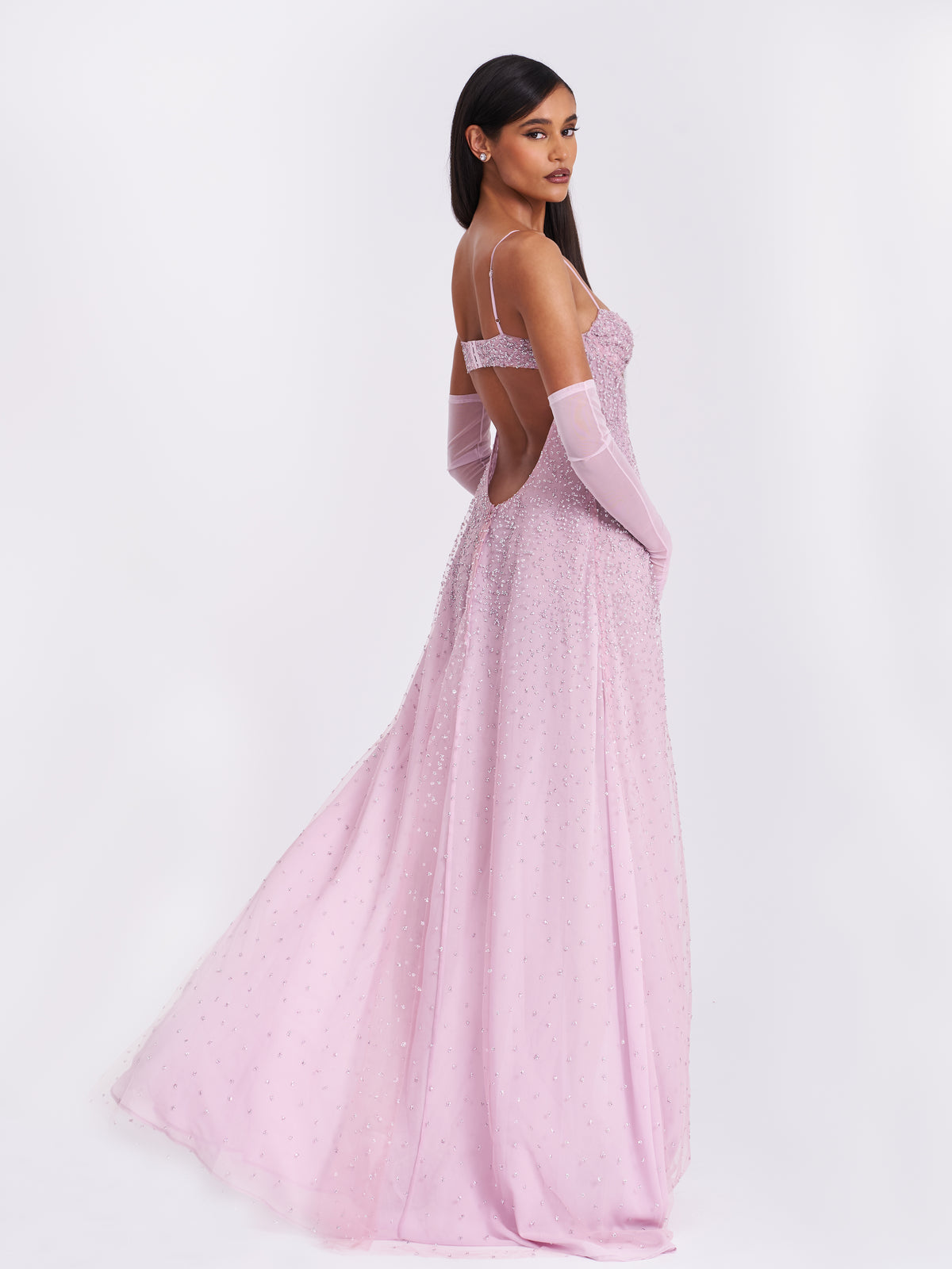 Backless Rhinestone Wallie Pink Rhinestone Embellished Mesh Backless Gown