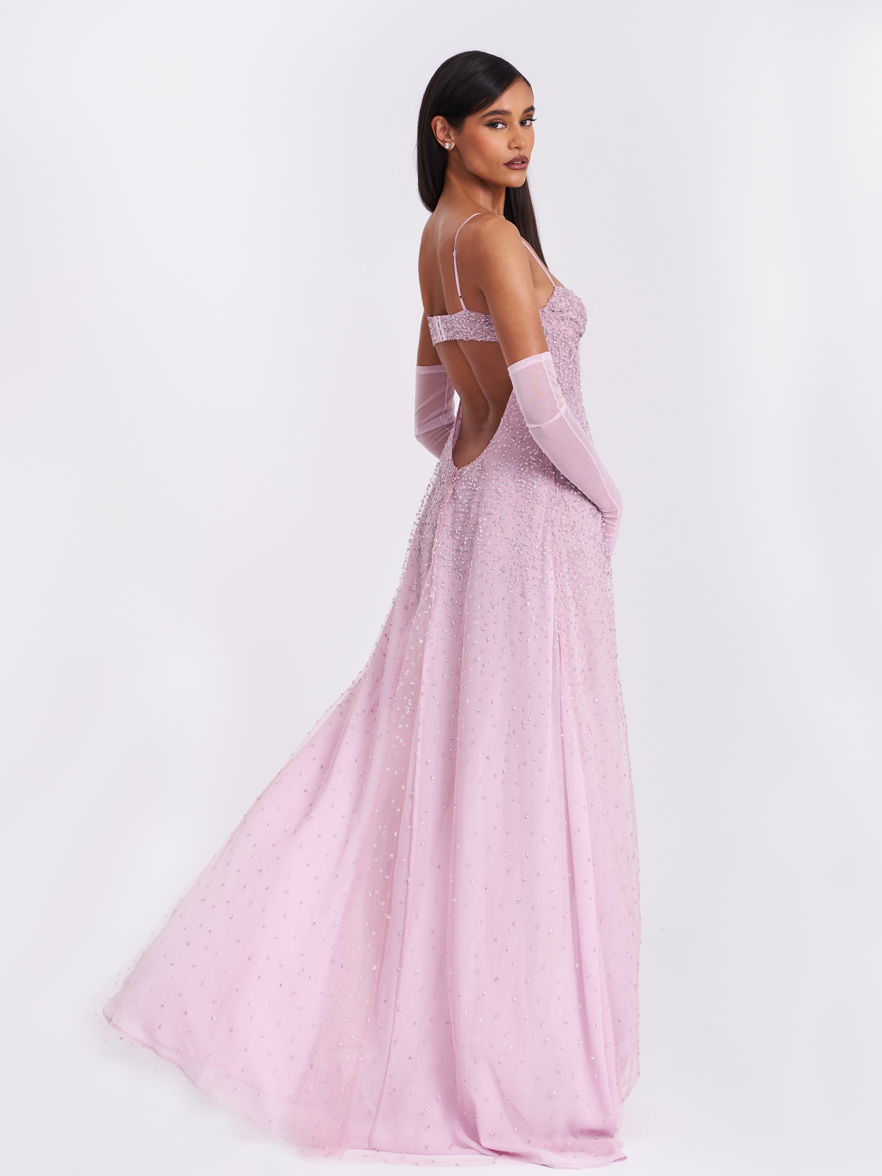 Wallie Pink Rhinestone Embellished Mesh Backless Gown