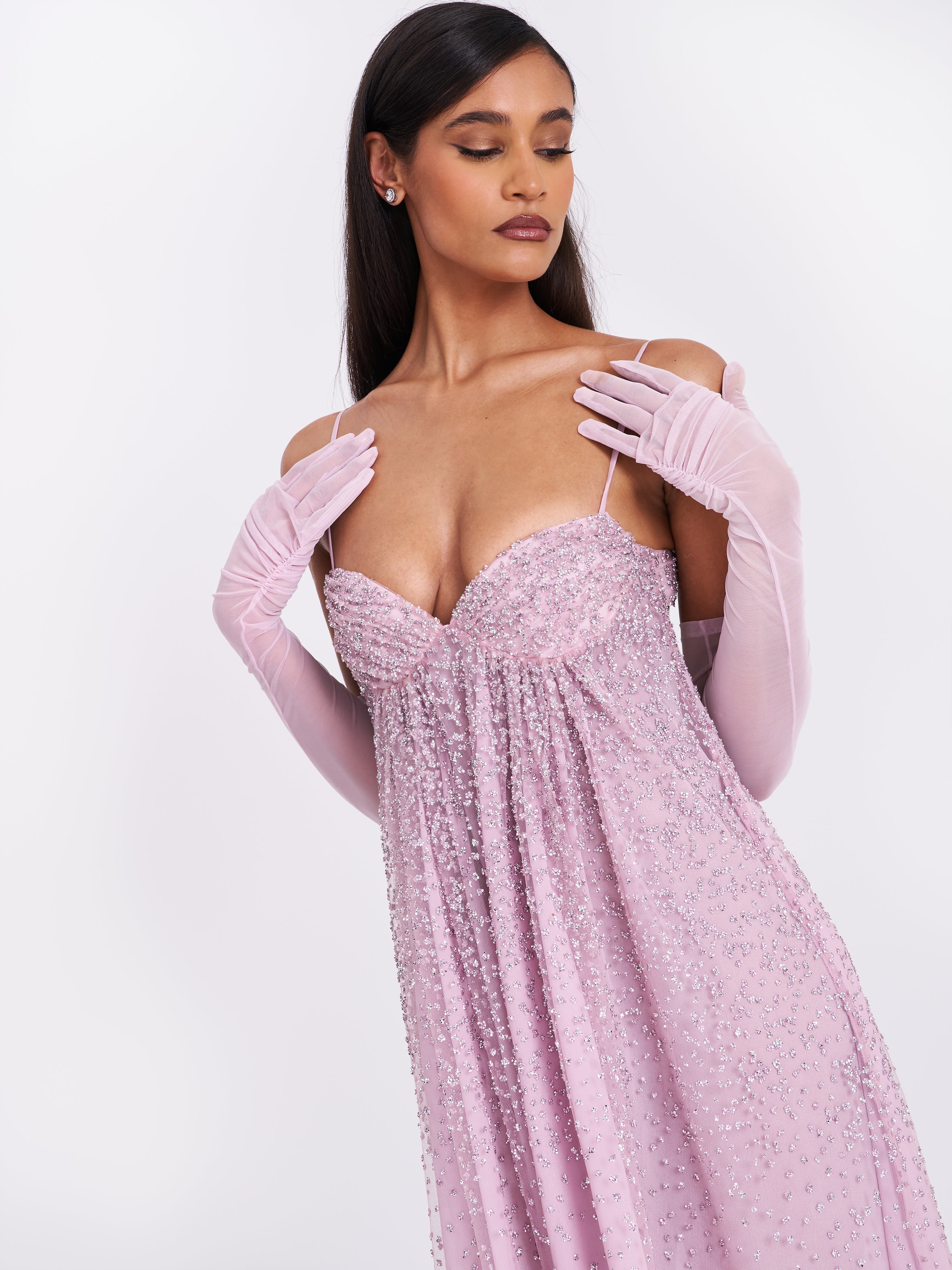 Wallie Pink Rhinestone Embellished Mesh Backless Gown