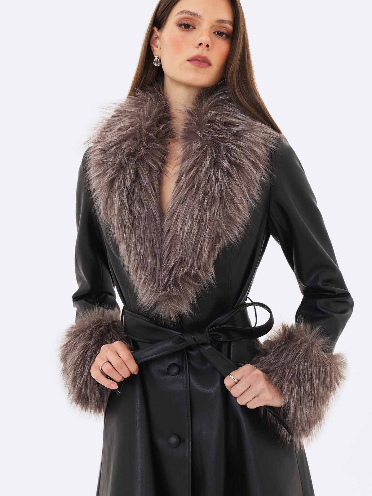 Nico Black Faux Leather Fur-Trimmed Belted A-Line Midi Coat