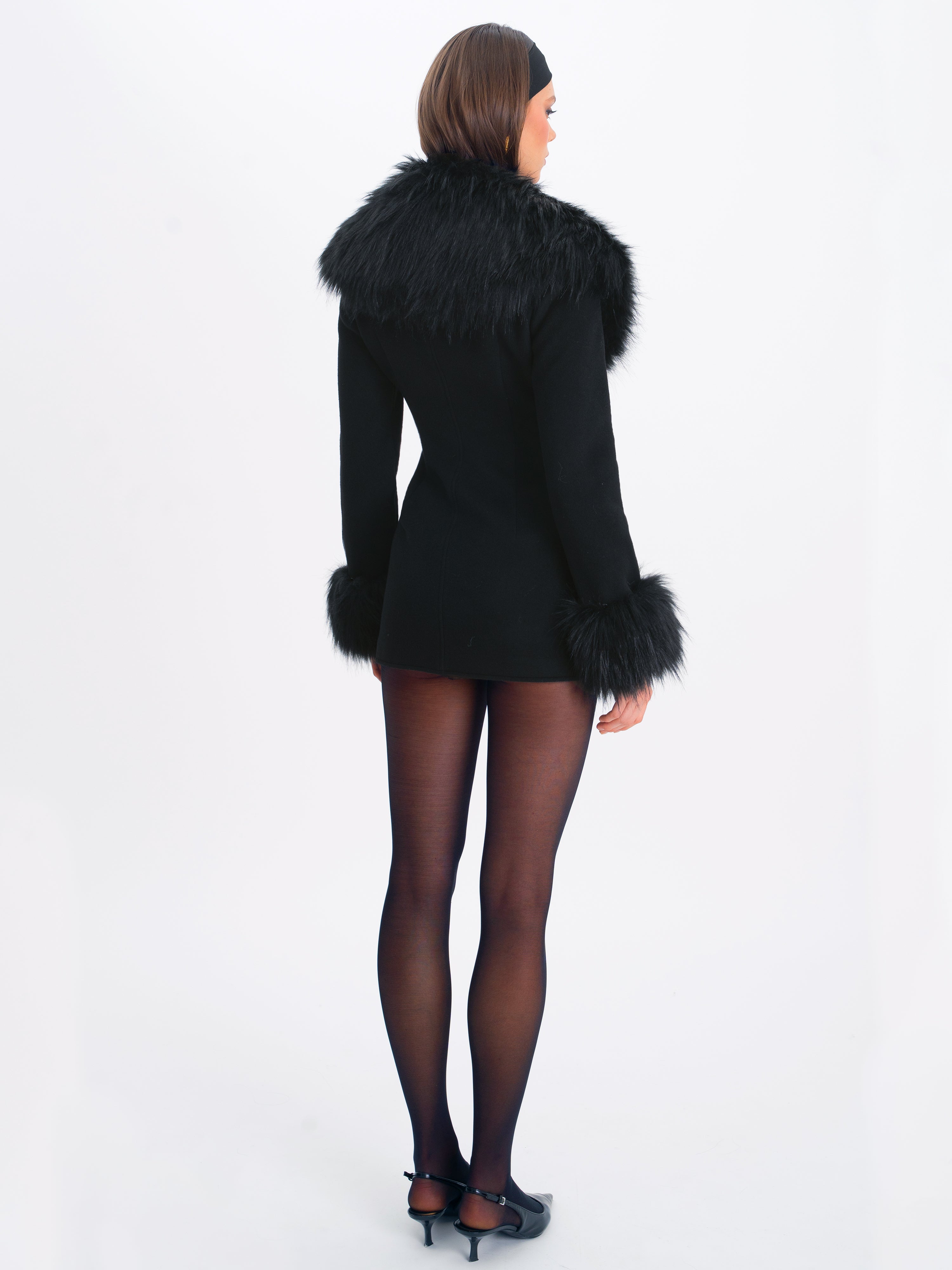 Hailee Black Single Breasted Wool Blend Mini Coat with Removable Fur Lapel