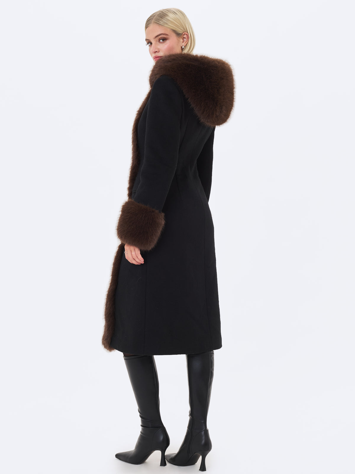 Sloan Black Wool Blend Sculpted Midi Coat with Fur Hood