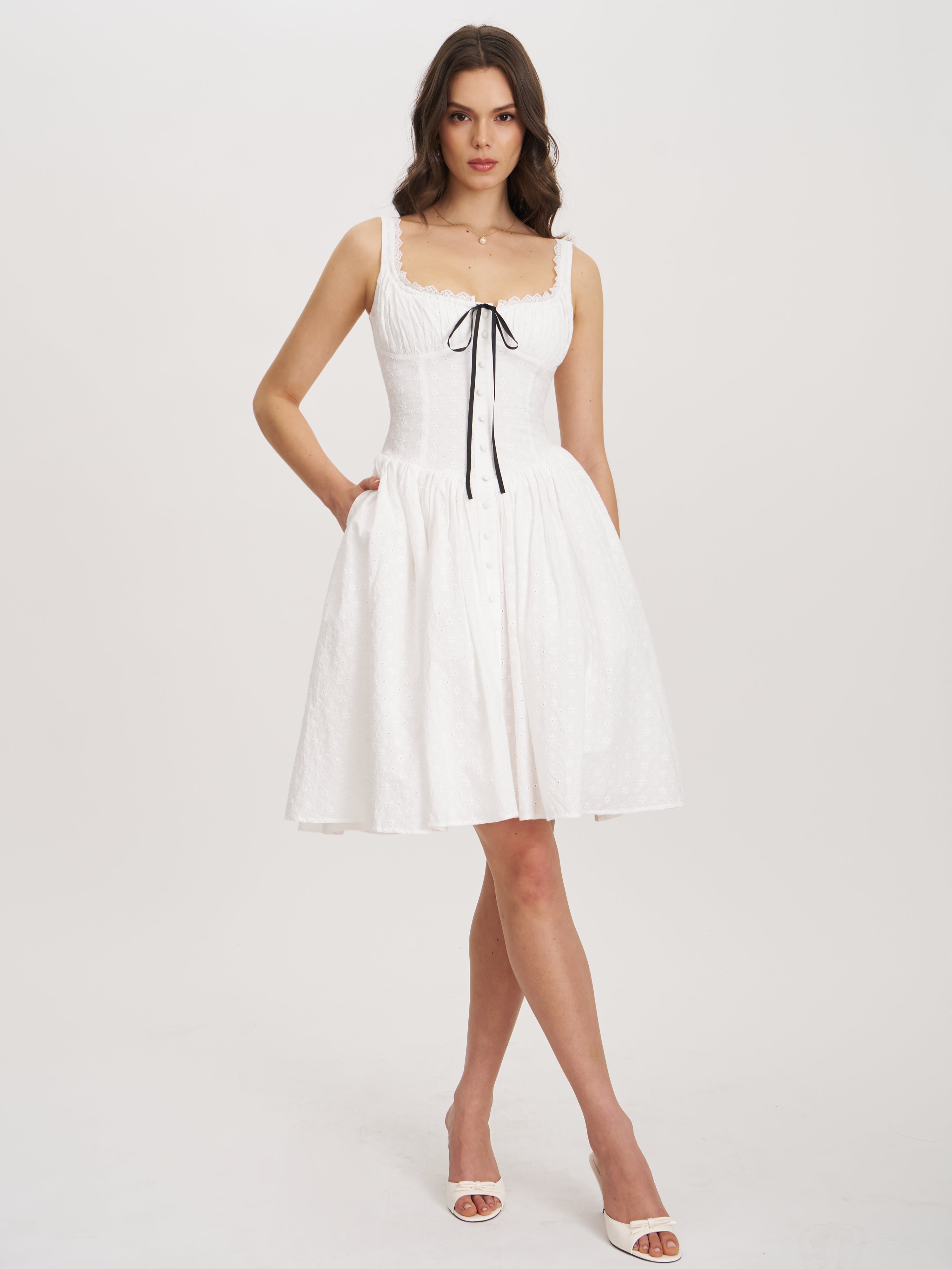 Madison White Cotton Eyelet Square Neck Midi Dress