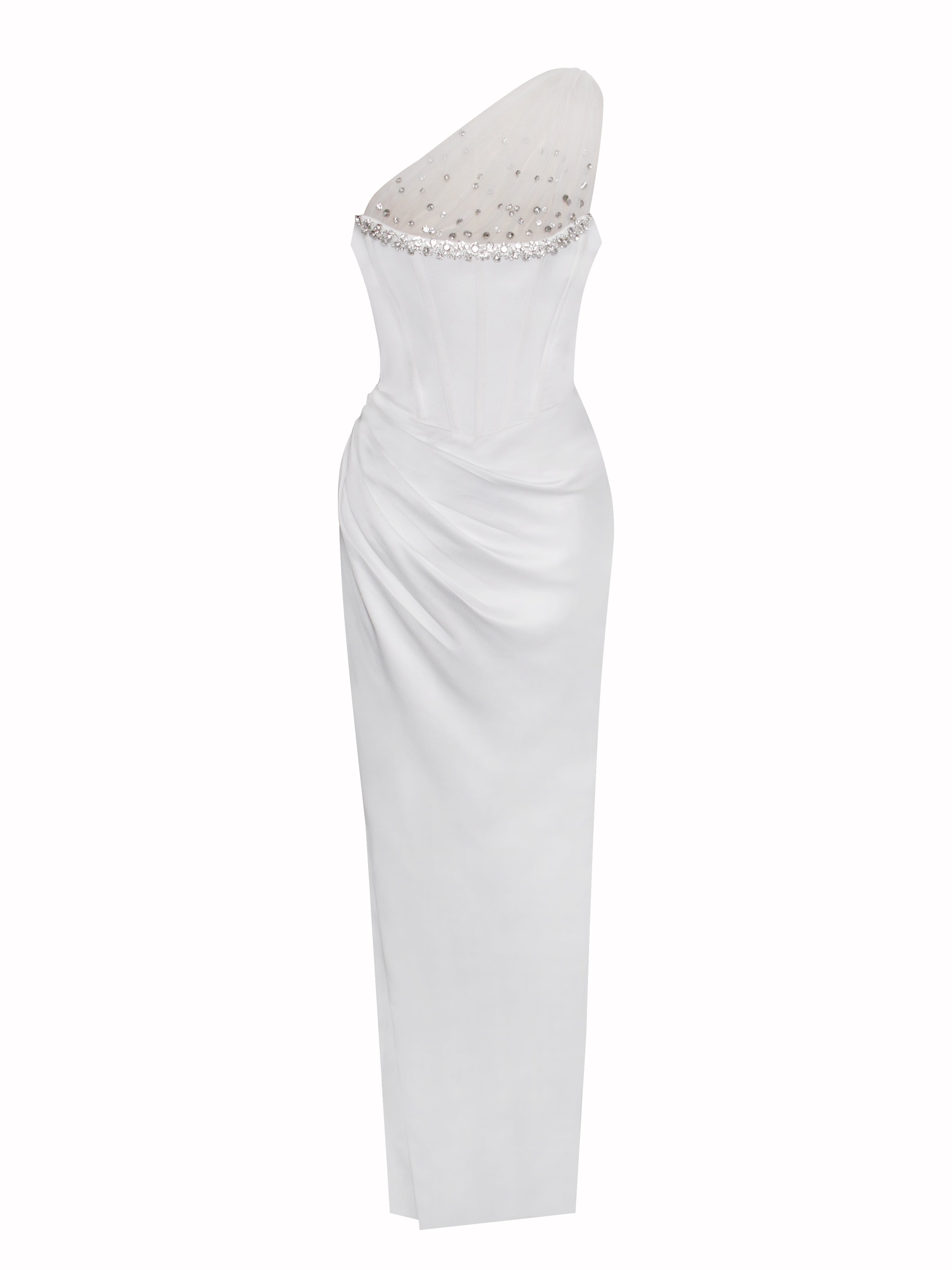 Lora White Crystal Embellished Mesh Satin Corset Gown Lora White Crystal Embellished Mesh Satin Corset Gown