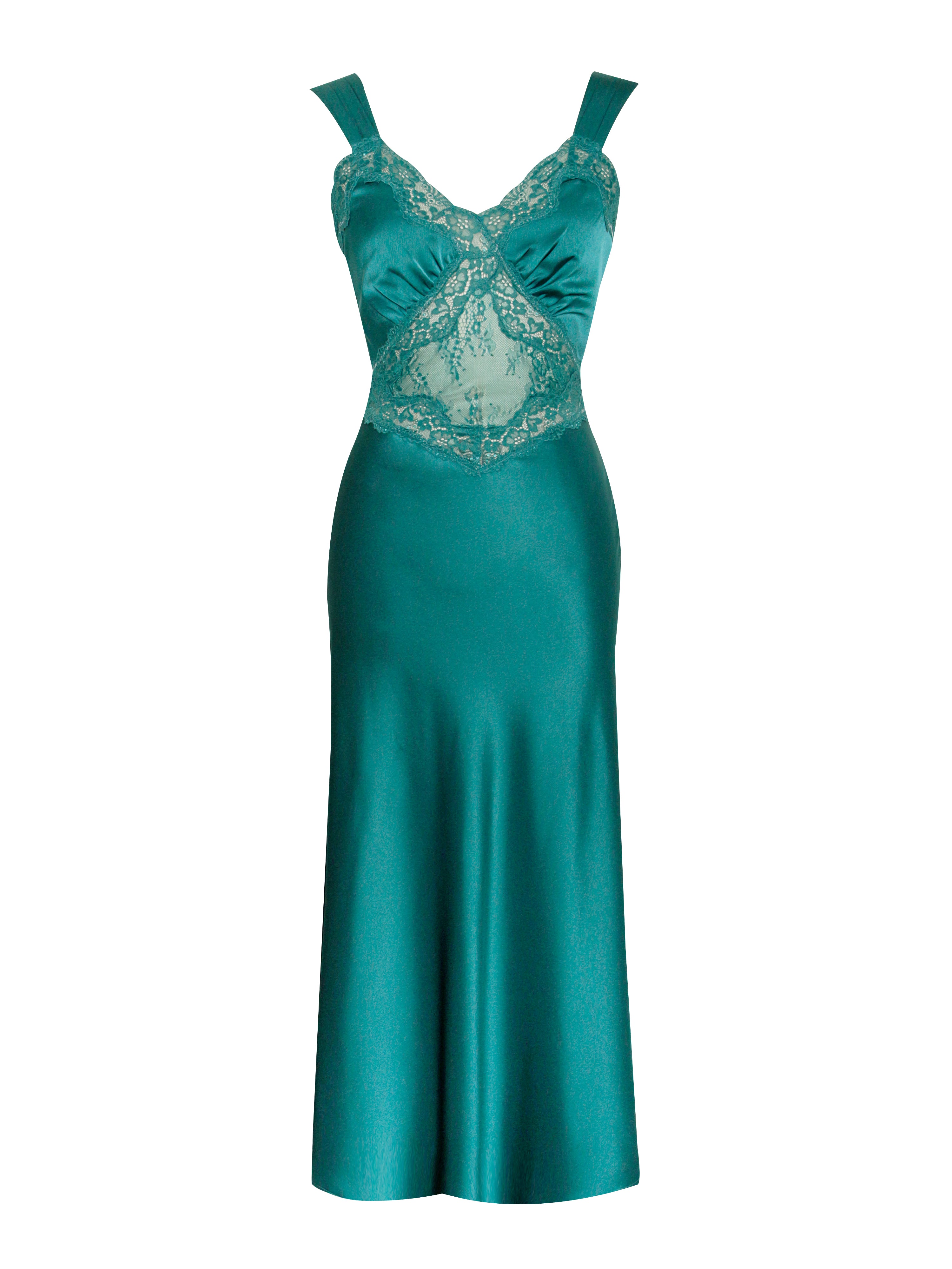 Perley Teal Satin and Lace Midi Dress