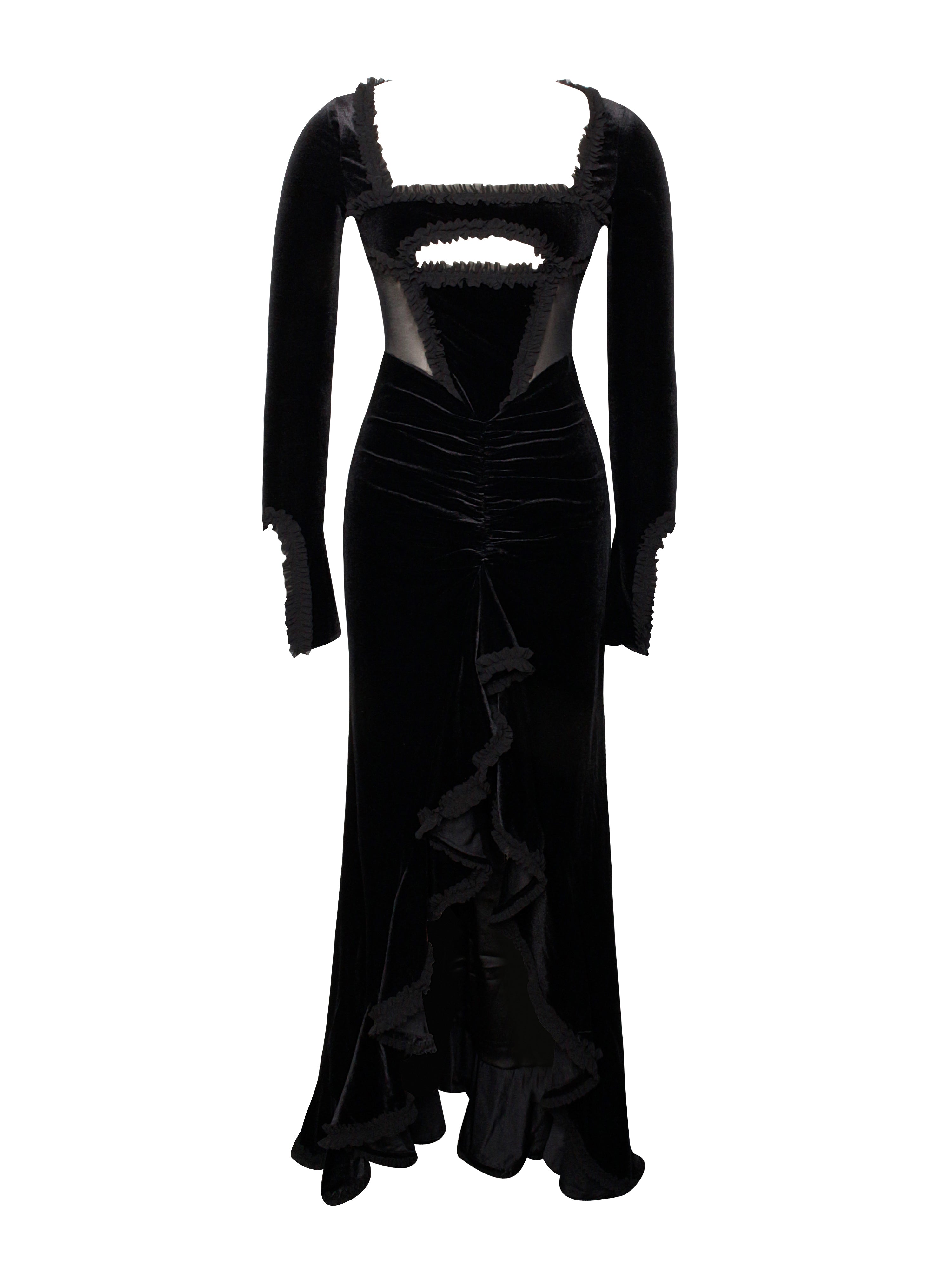 Maeve Black Velvet and Mesh Long Sleeve Maxi Dress