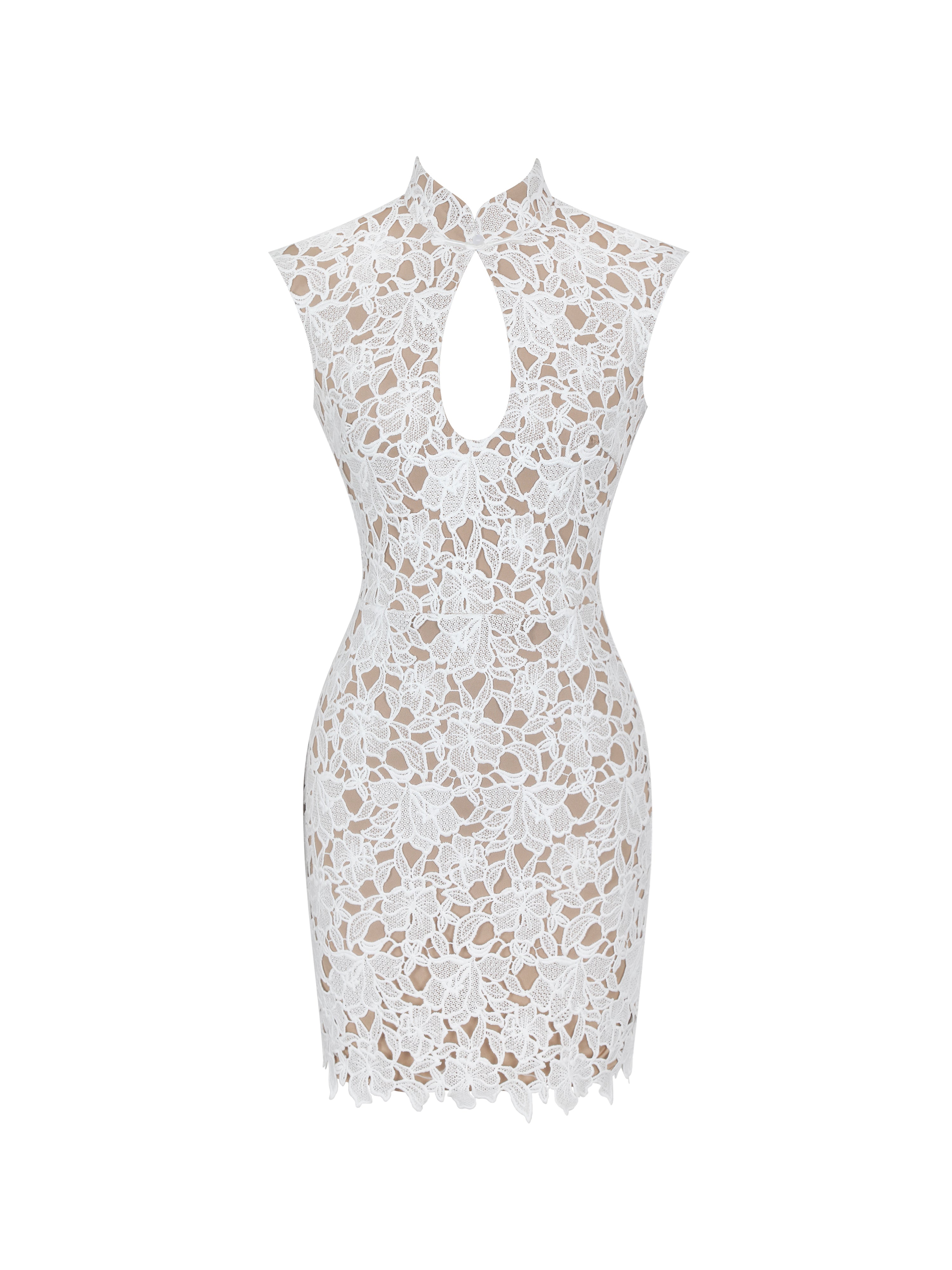 Quinley White Cotton Lace Teardrop Neckline Mini Dress