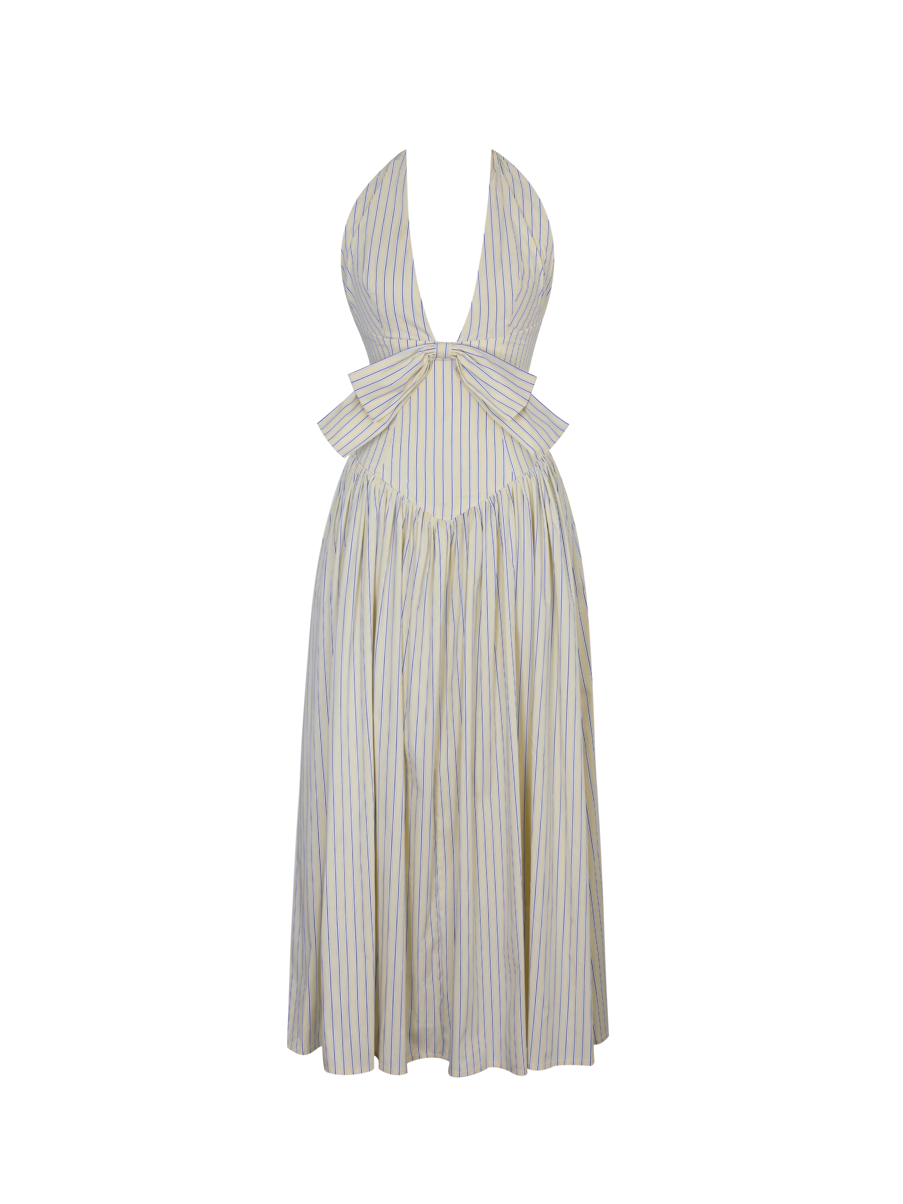 Talise Lemon Yellow Cotton Poplin Stripe Plunging Halter Maxi Dress