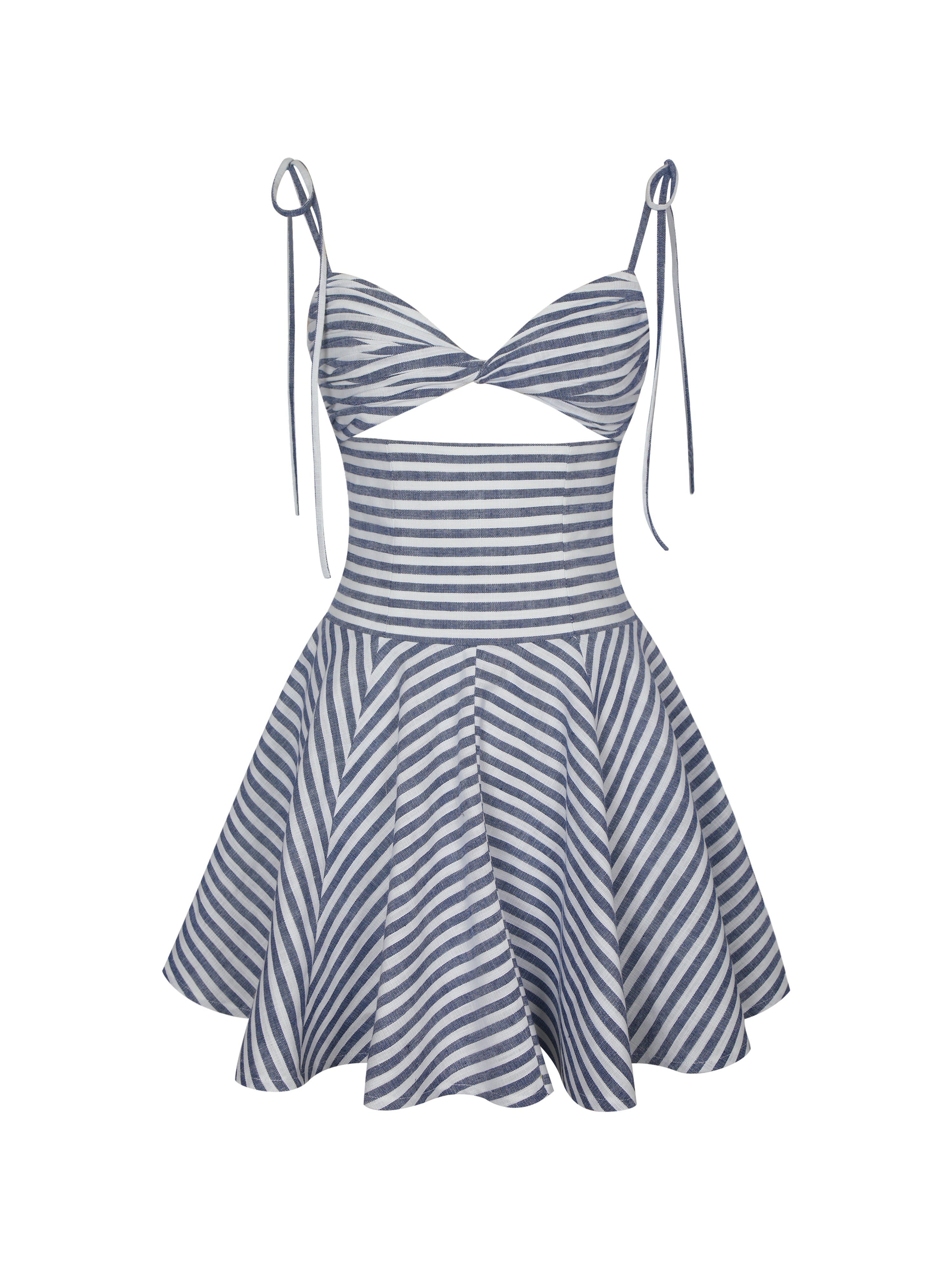 Vinaya Navy & White Striped Linen Flared Mini Dress