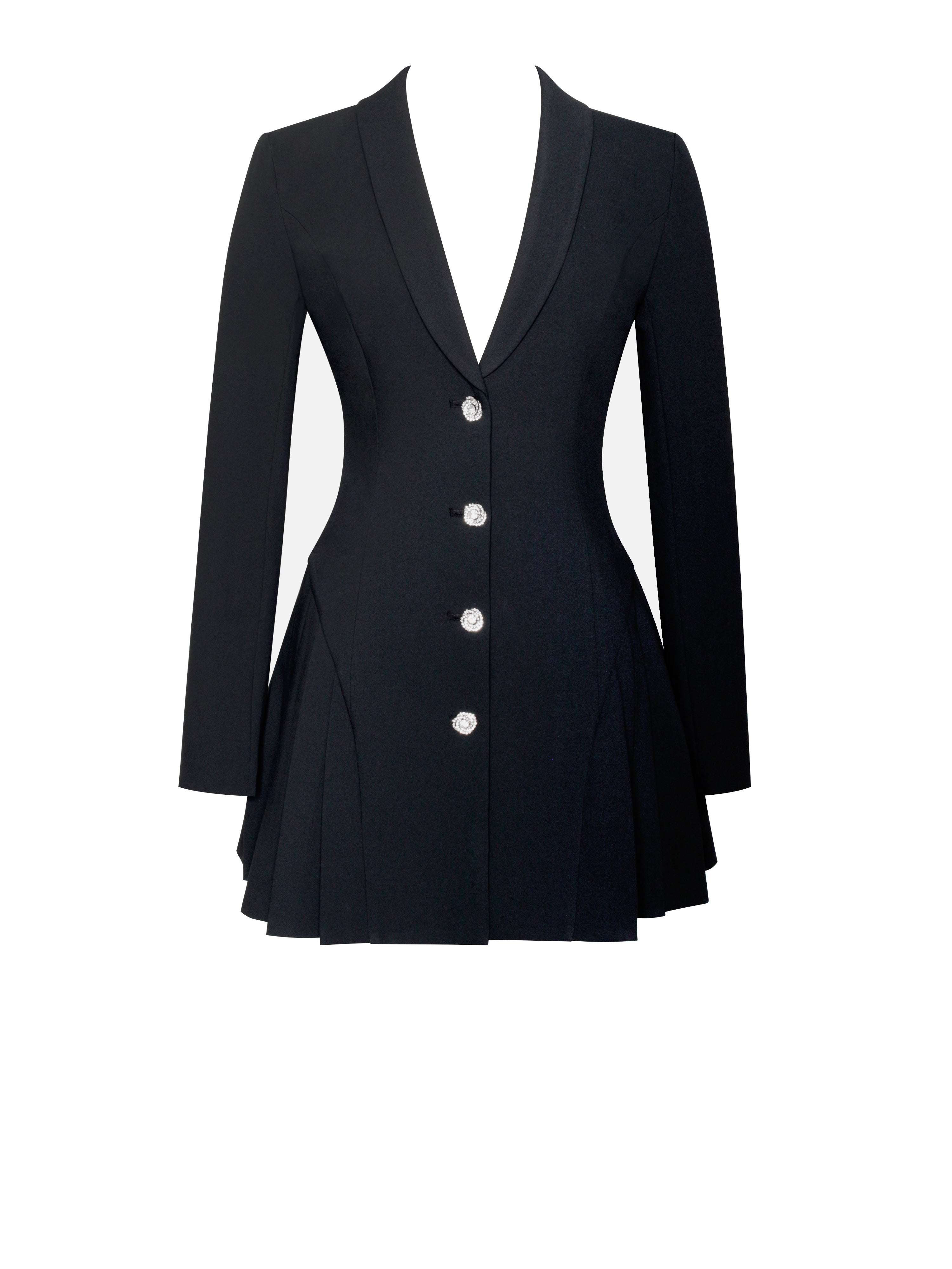 Ria Black Blazer Mini Dress with Crystal Button and Pleated Detail