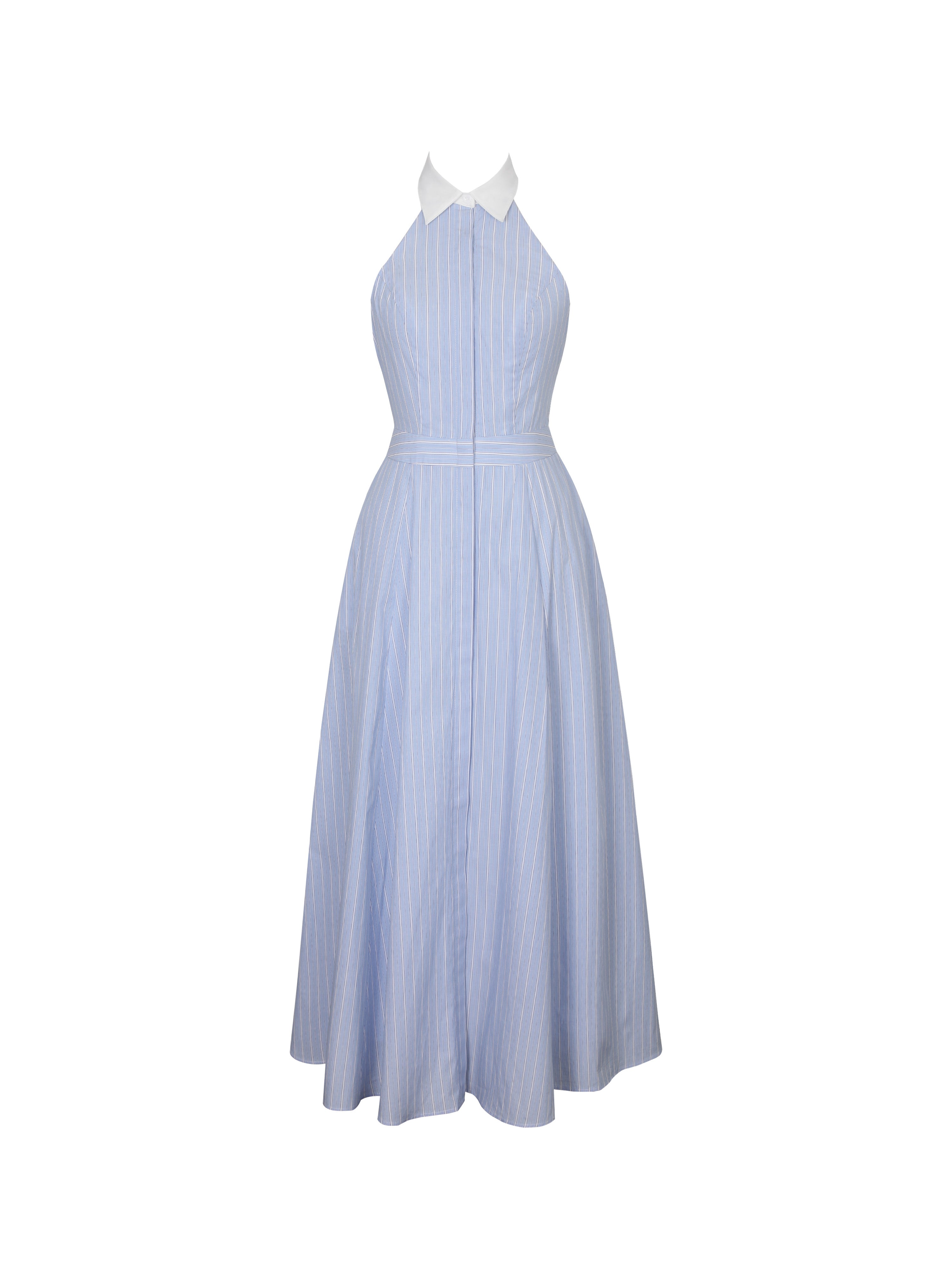 Winslet Sky Blue Striped Cotton Poplin Halter Maxi Dress