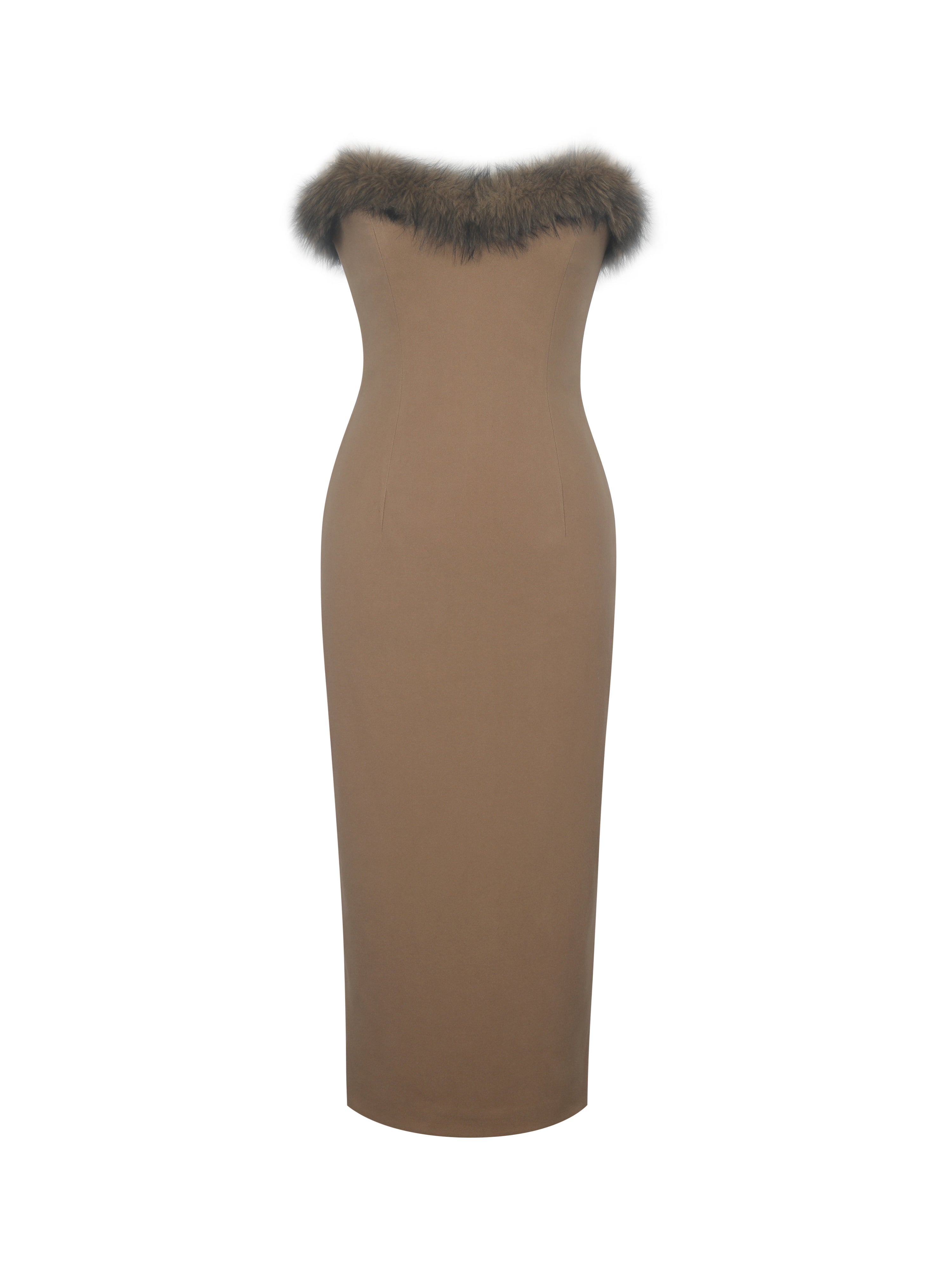 Rayanne Chestnut Strapless Fur-Trimmed Sweetheart Maxi Dress