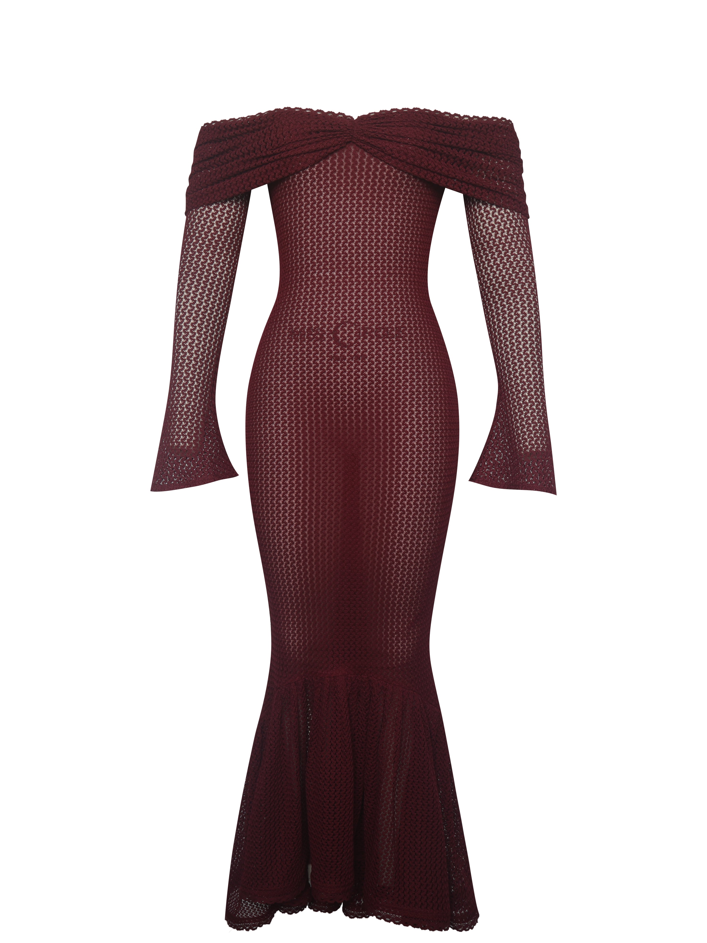Kaedyn Burgundy Off Shoulder Long Sleeve Crochet Mermaid Maxi Dress