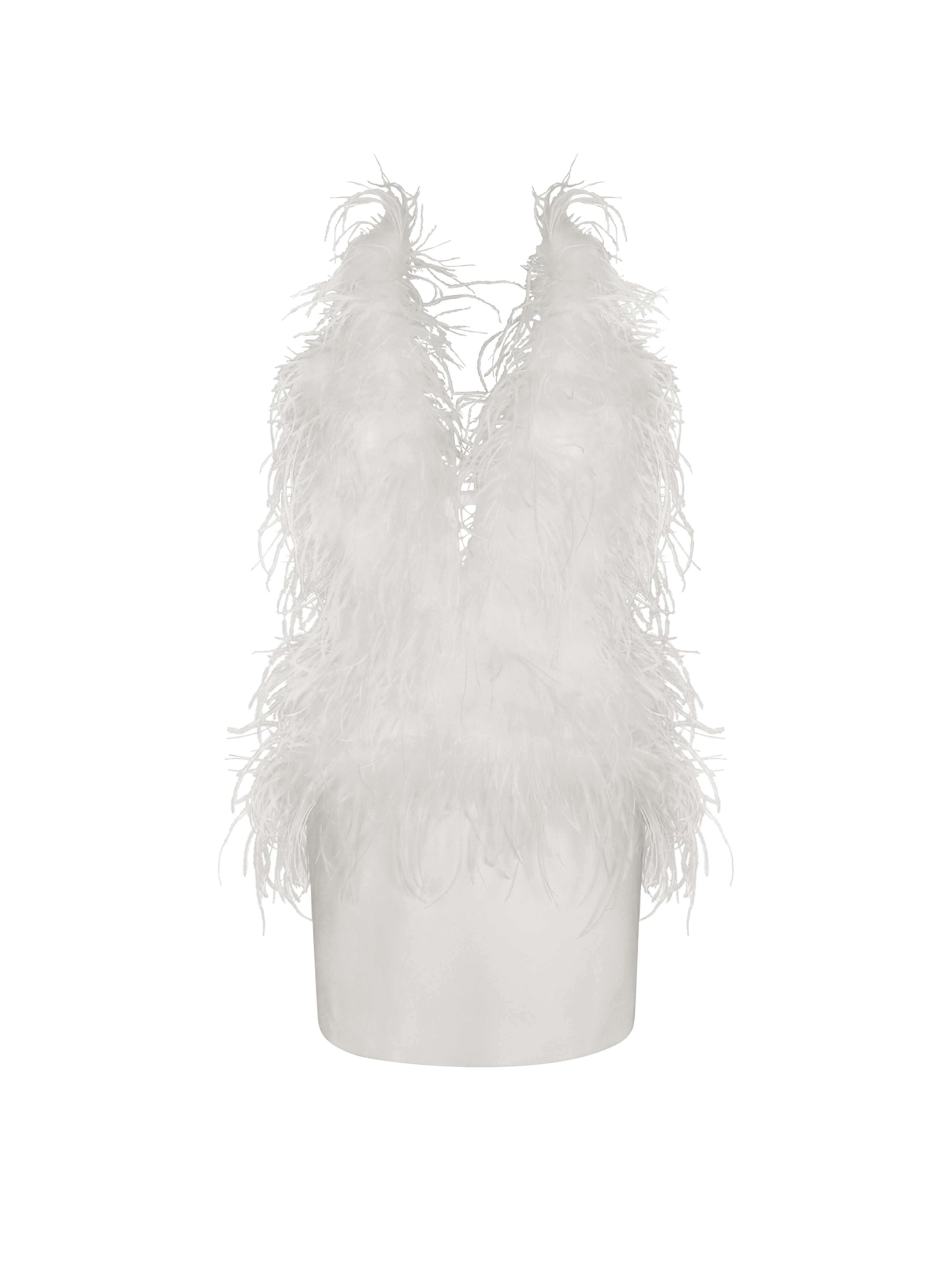 Quisten White Feathered Plunging Halter Mini Dress