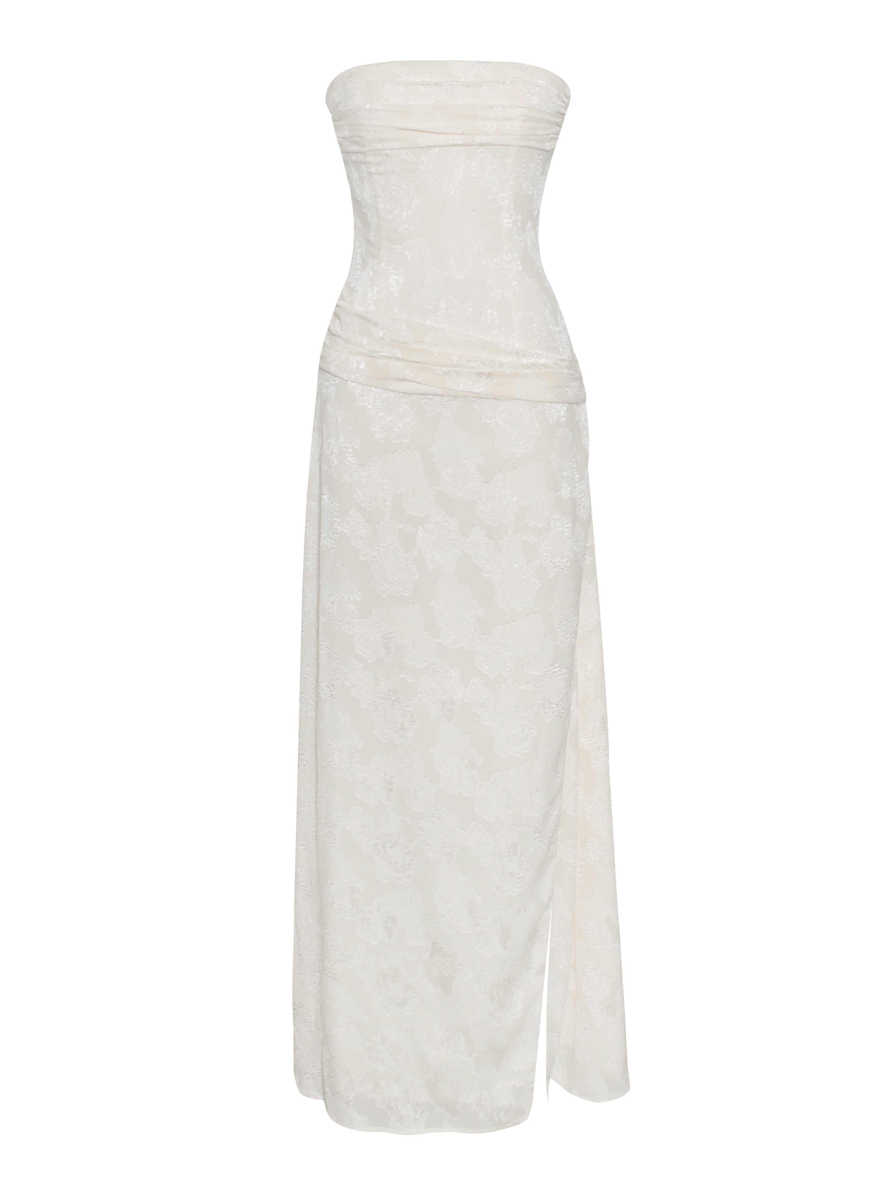 Xatia Off White Jacquard Textured High Slit Maxi Dress